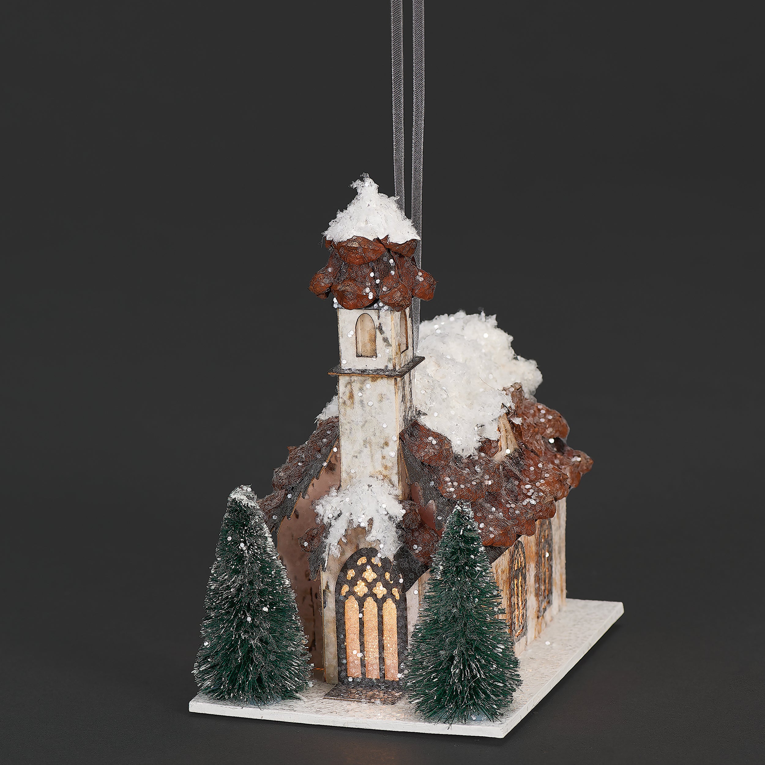 Lighted Church with Pinecone Roof Ornament