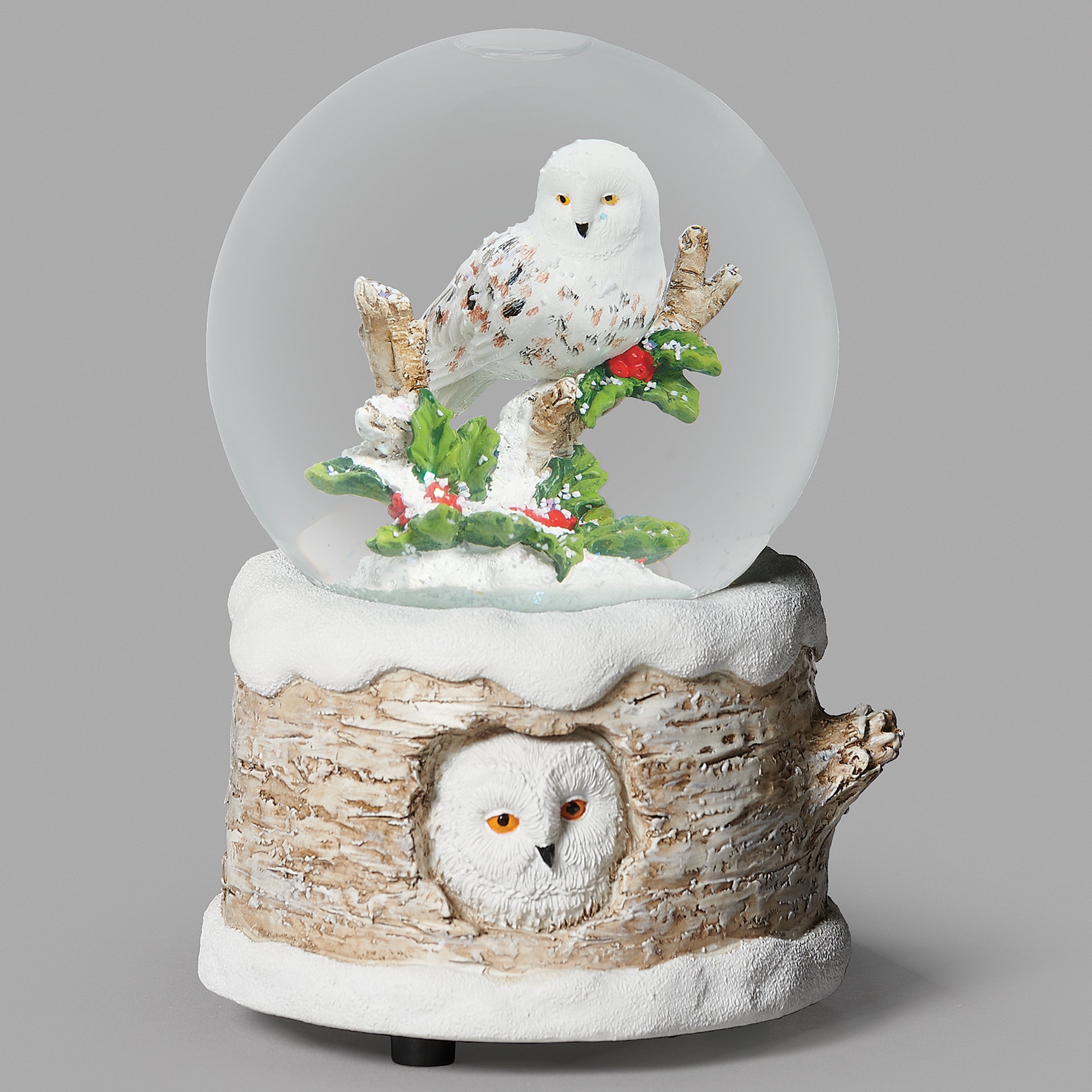 Glitterdome Musical White Owl with Owl in Tree Base – "We Wish You a Merry Christmas" Tune