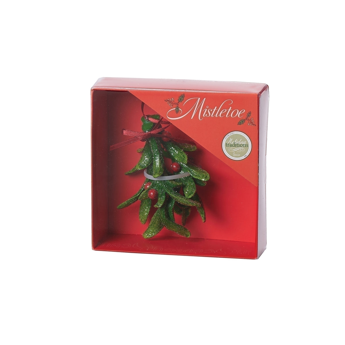 Green and red mistletoe ornament displayed in a red window gift box.