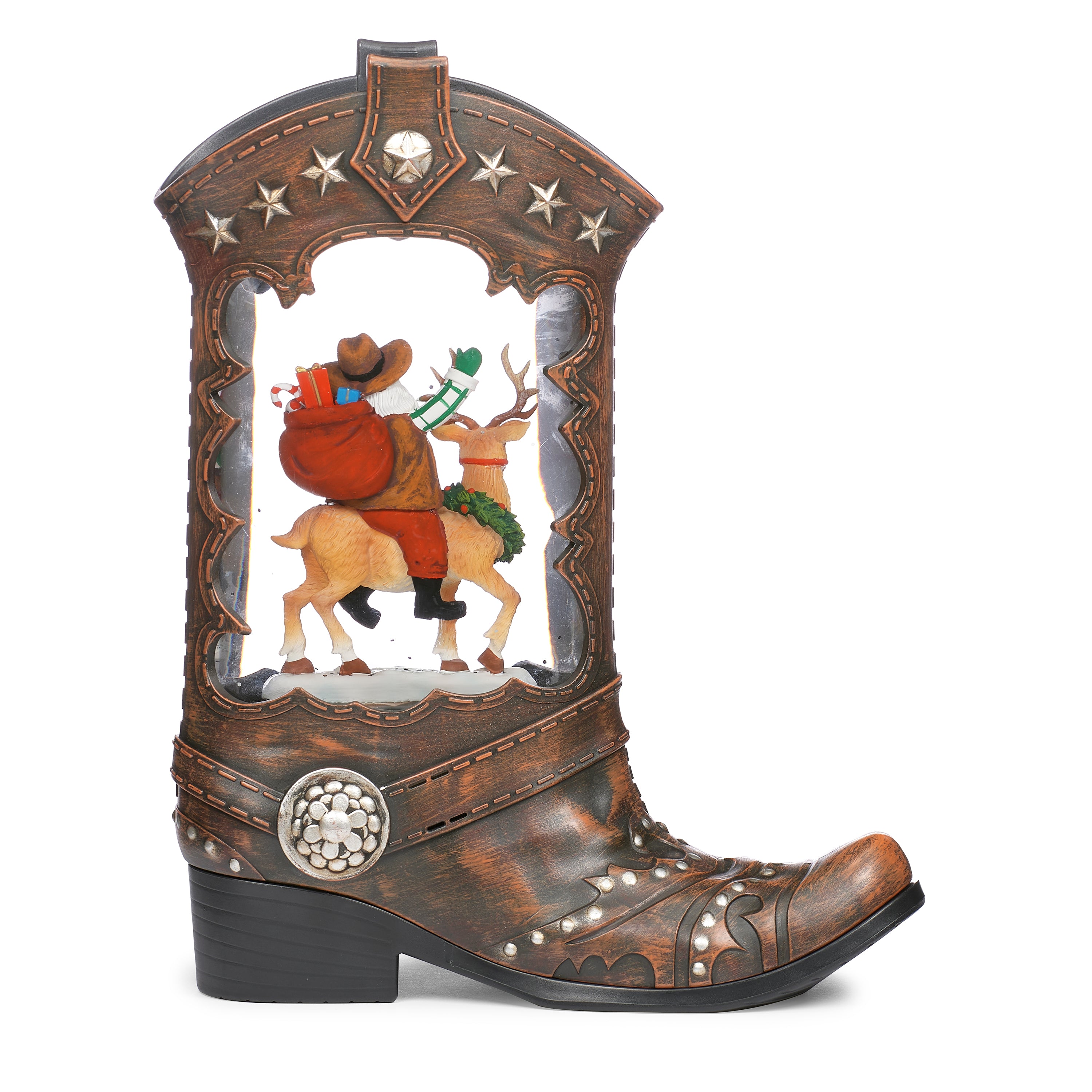 Decorative boot with a Santa Claus and reindeer scene inside on a white background