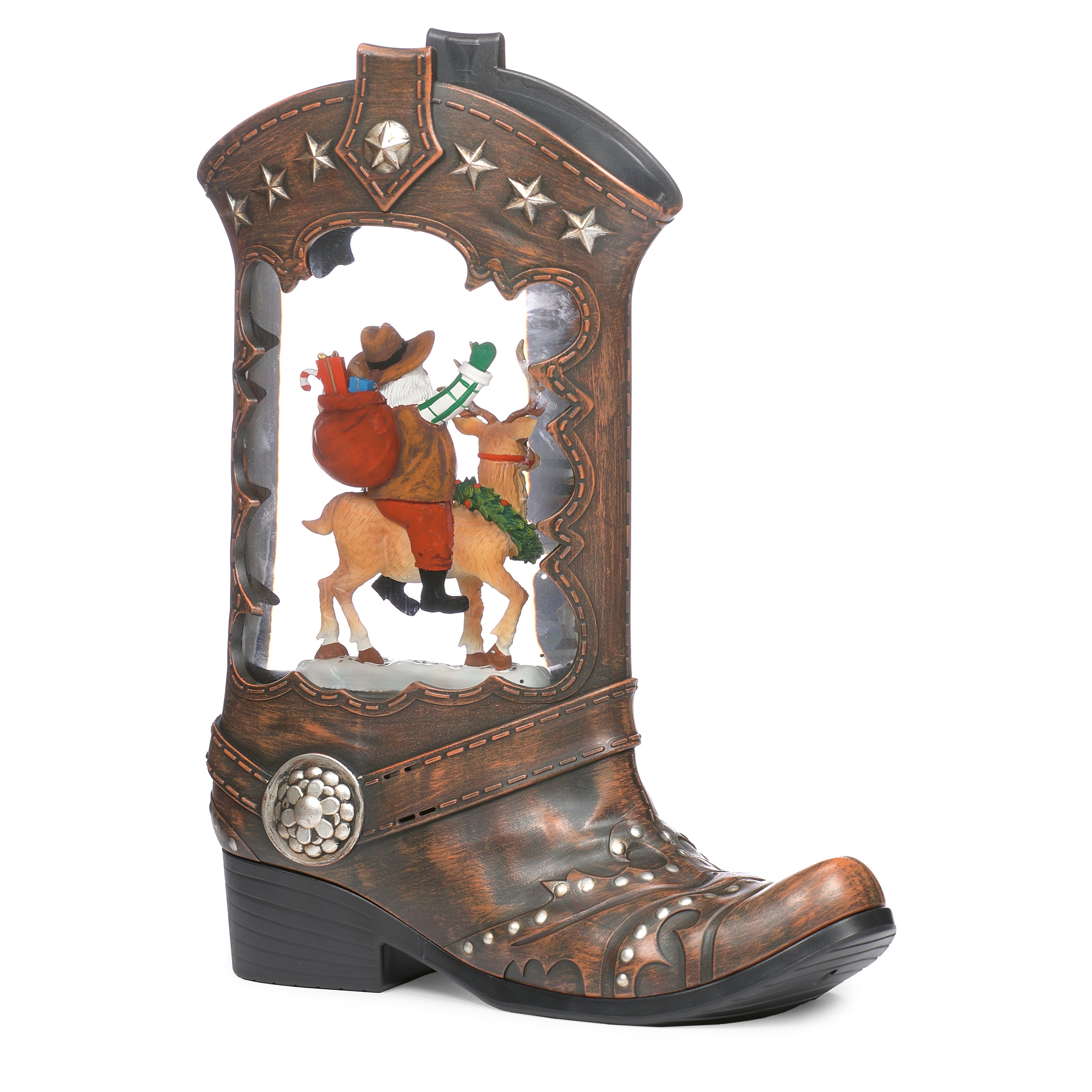 Decorative boot with a Santa Claus and reindeer scene inside on a white background