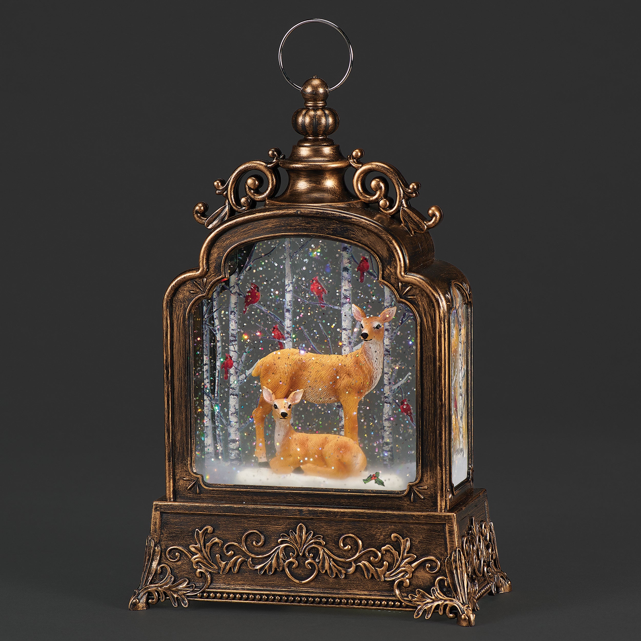 Confetti Lites Lighted Swirl Antique Lantern with Deer Family & Cardinals in Birch Trees