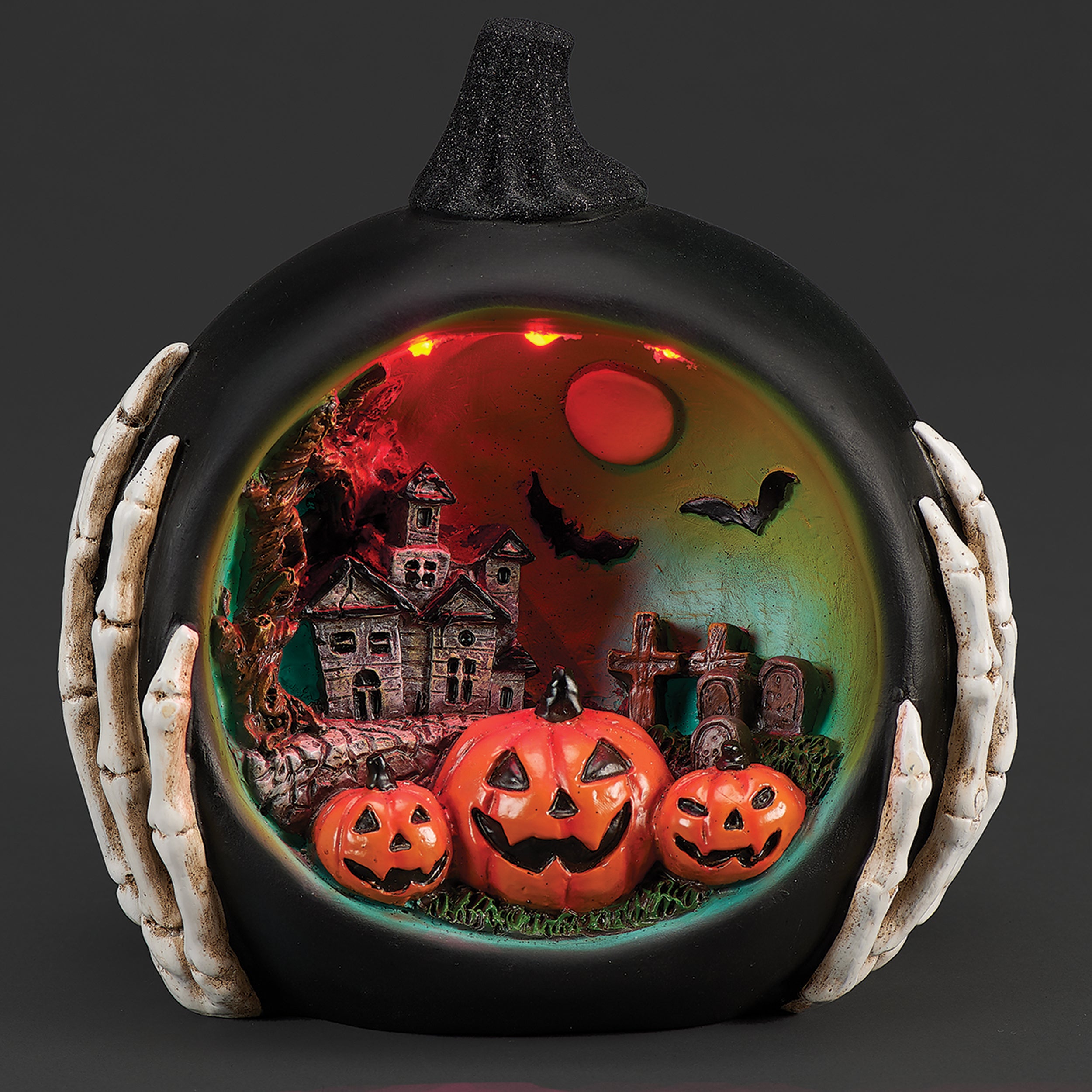 Lighted Black Pumpkin with Halloween Scene
