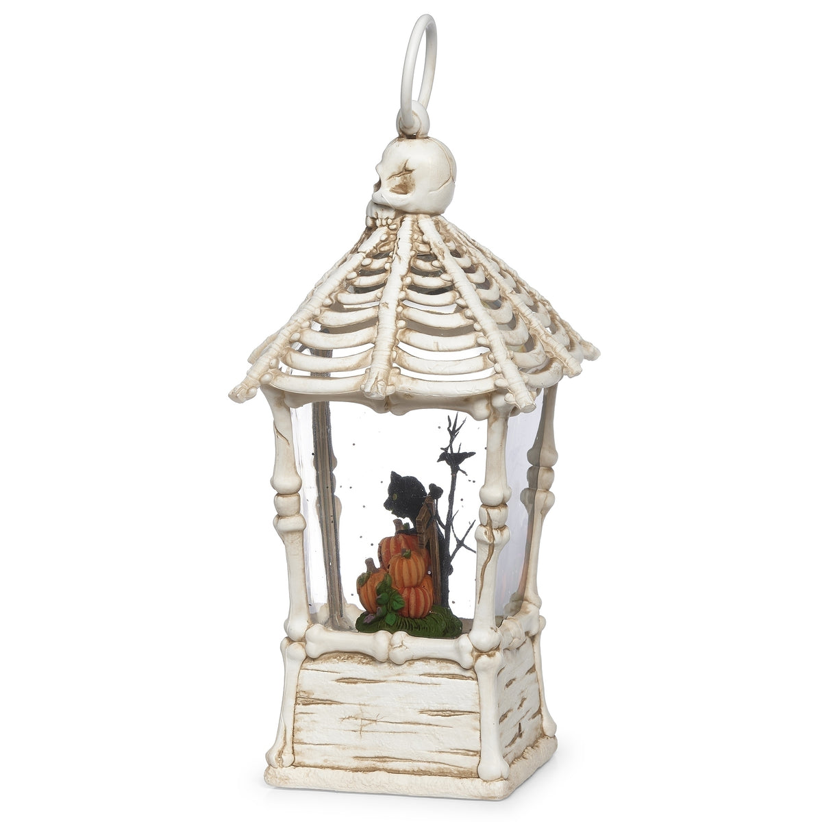 Angled view of skeleton lantern showing adjoining clear panels framed by bones beneath a skull-topped roof.