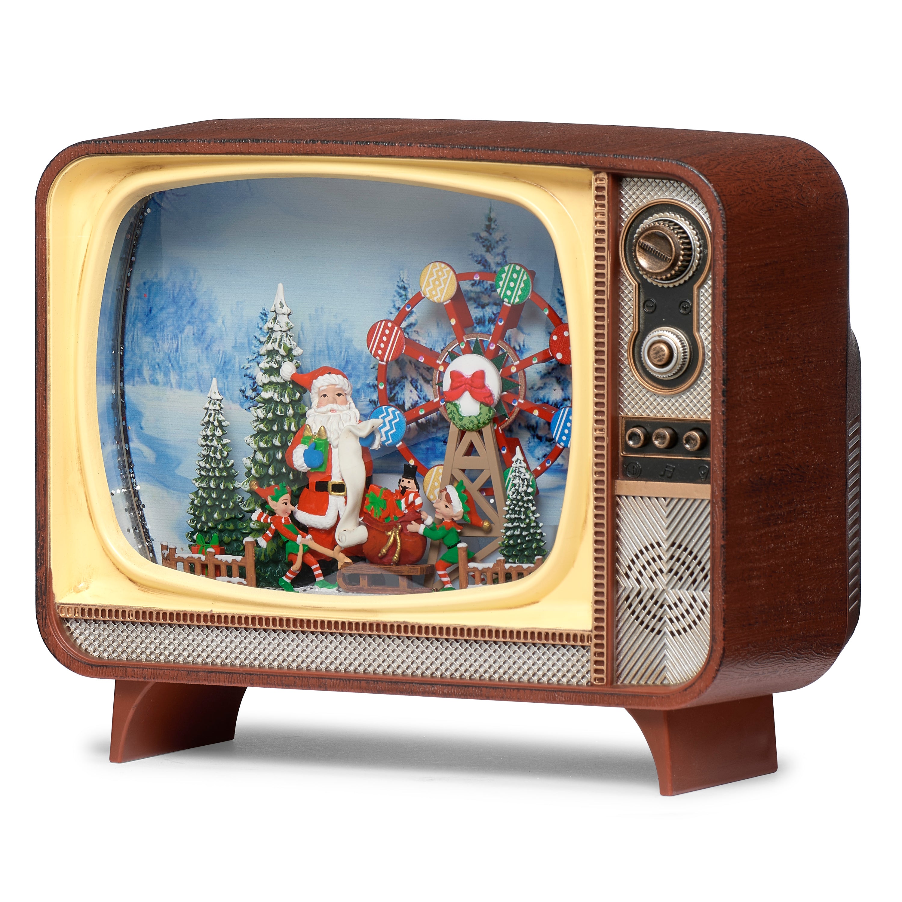 Vintage-style television set with a Christmas scene on the screen