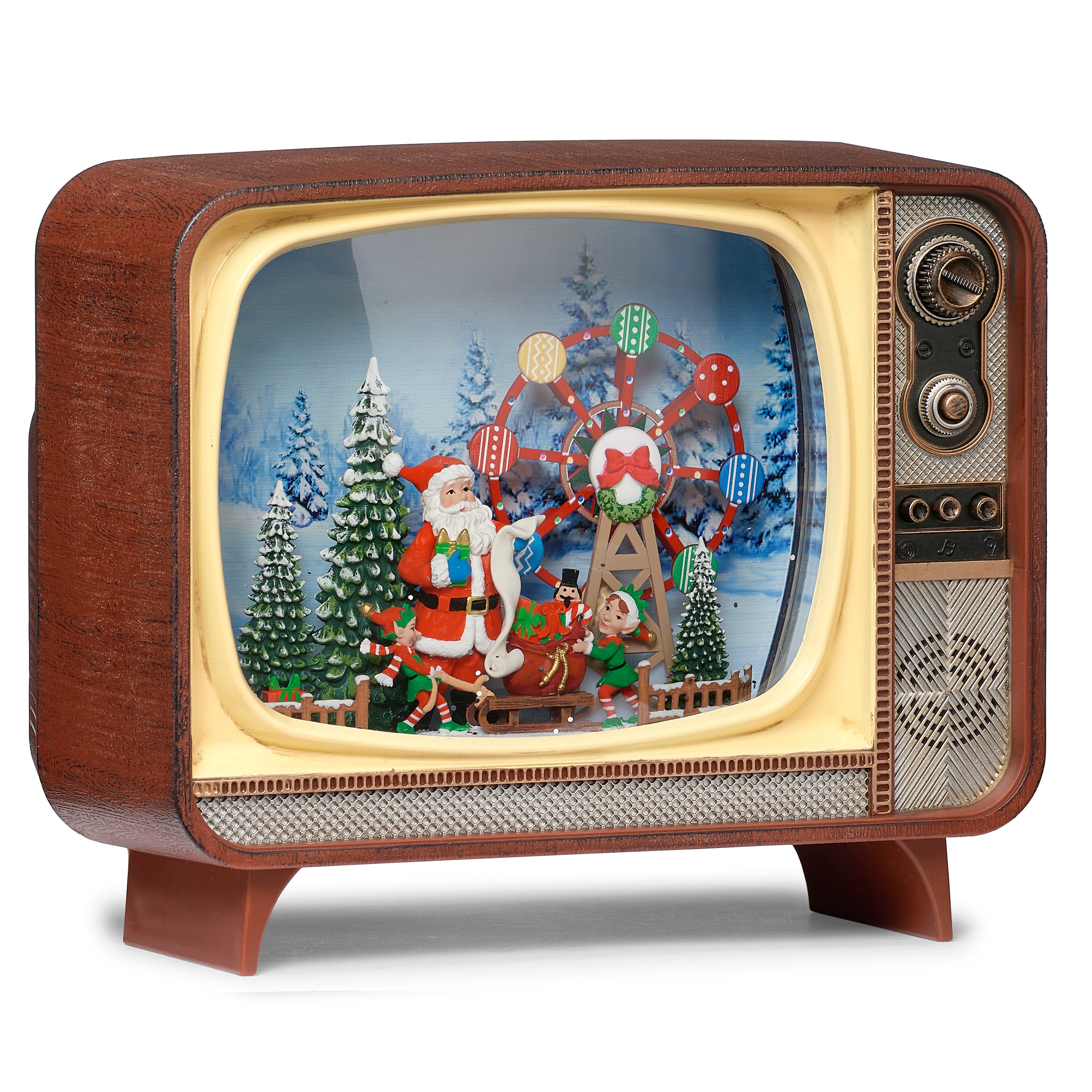 Vintage television set displaying a Christmas scene with Santa Claus and a Ferris wheel.
