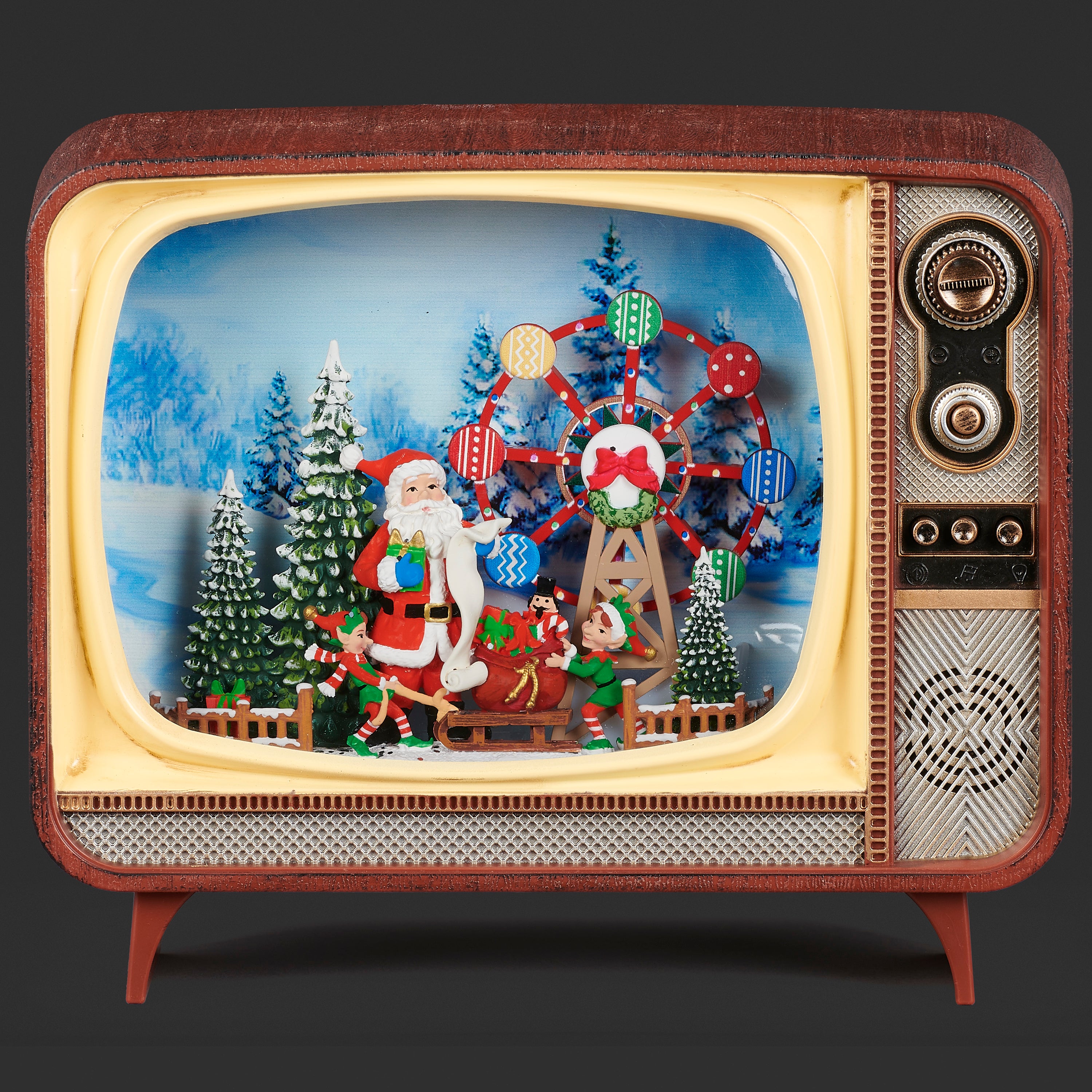 Vintage-style television set with a Christmas scene featuring Santa Claus and elves.