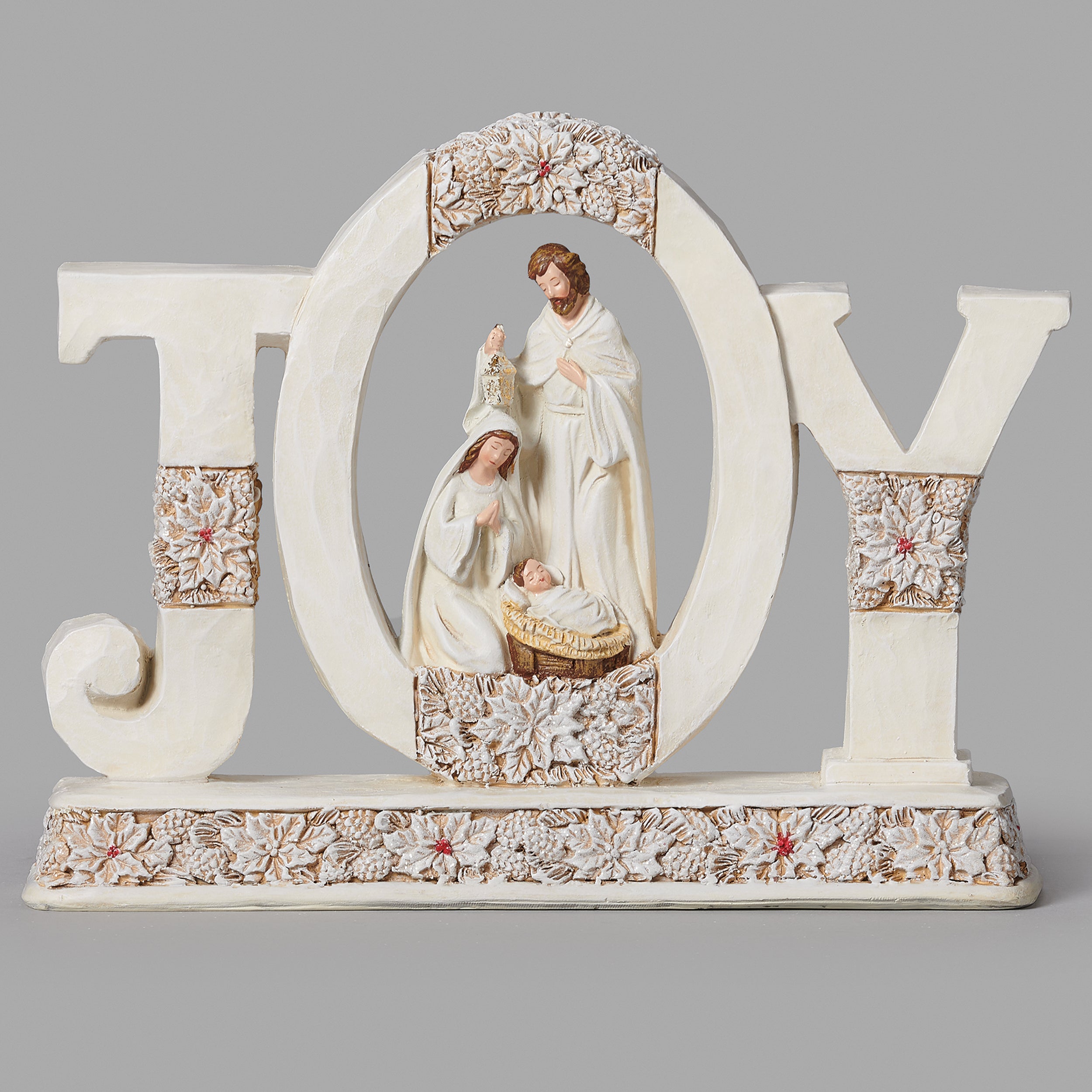 JOY Holy Family Figure with Poinsettia Pattern