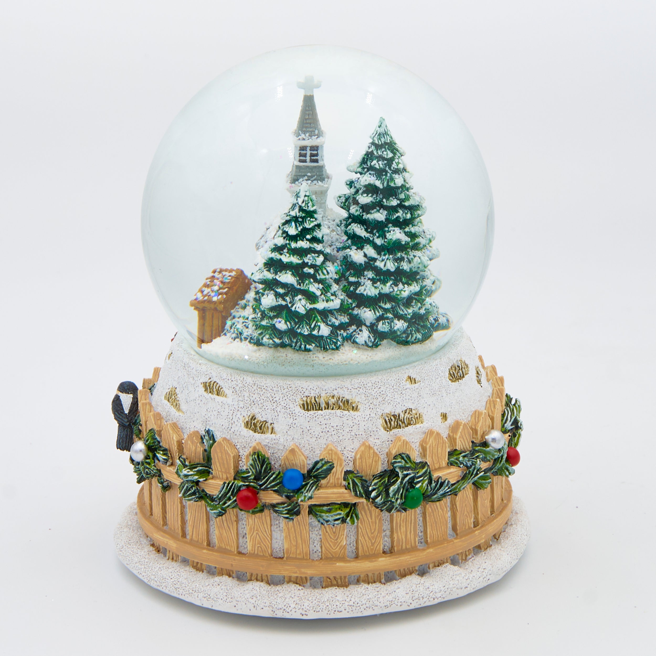 Glitterdome Musical with Church & Birds on Fence – "We Wish You a Merry Christmas" Tune