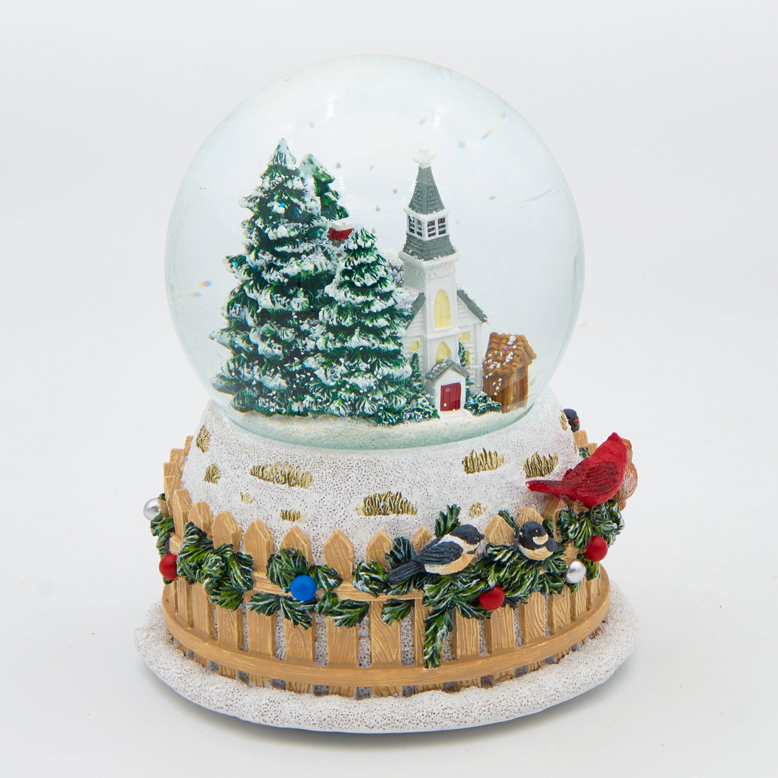 Glitterdome Musical with Church & Birds on Fence – "We Wish You a Merry Christmas" Tune