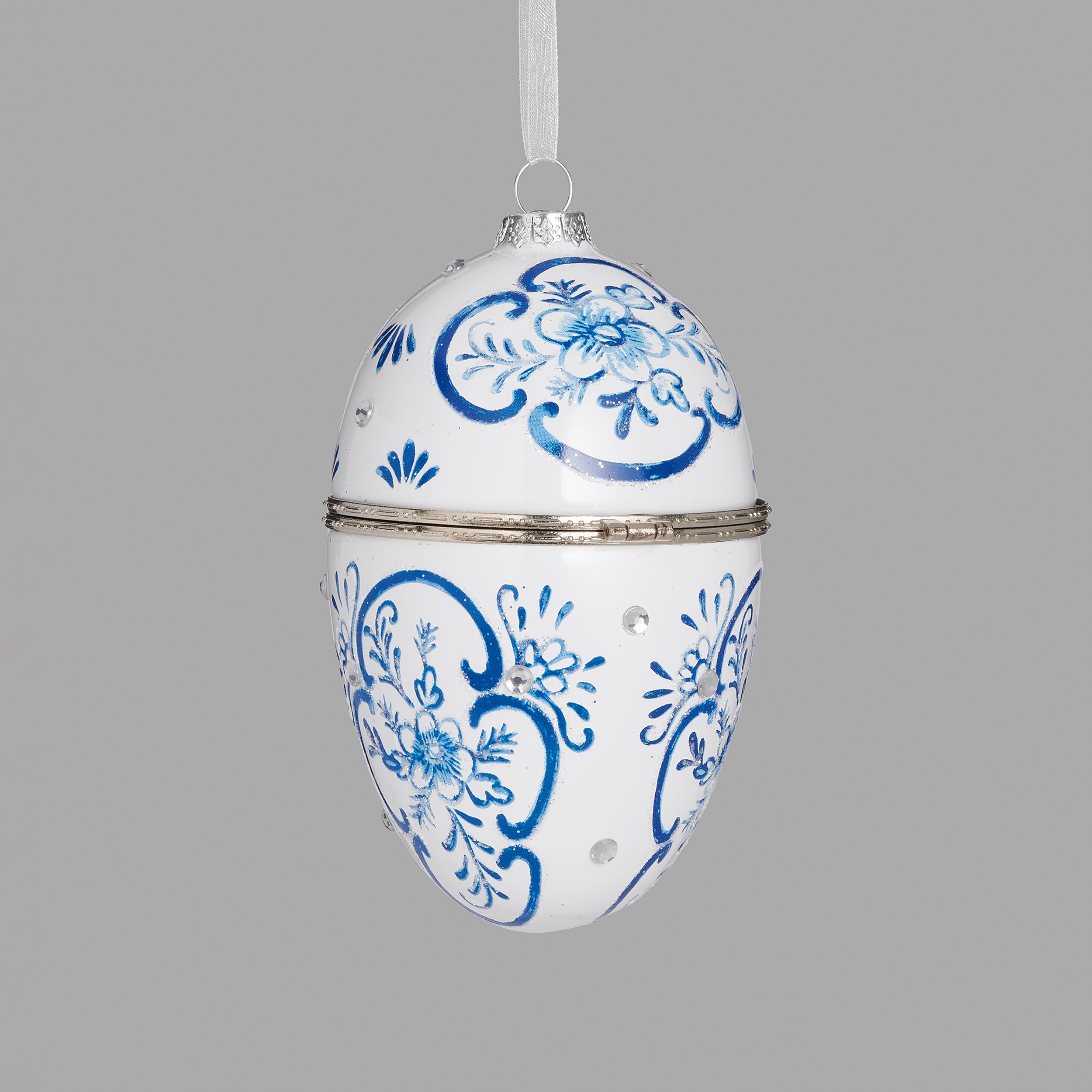 Blue & White Floral Glass Egg Ornament