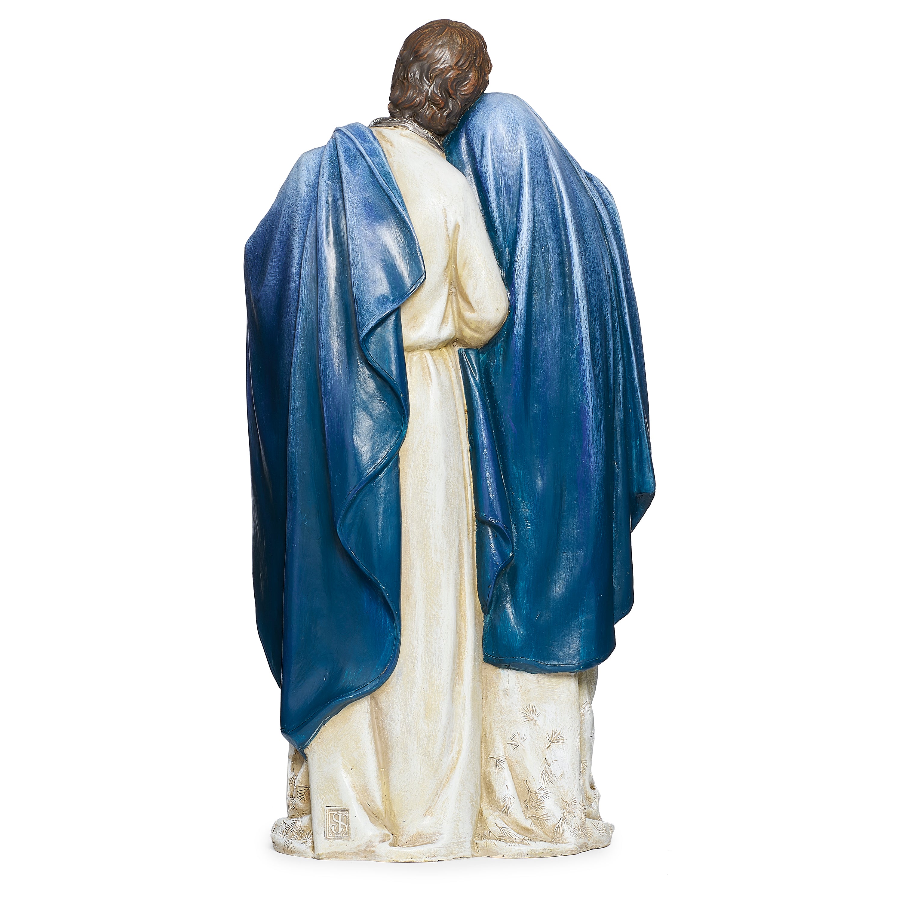 Statue of the holy family draped in blue and white robes on a white background