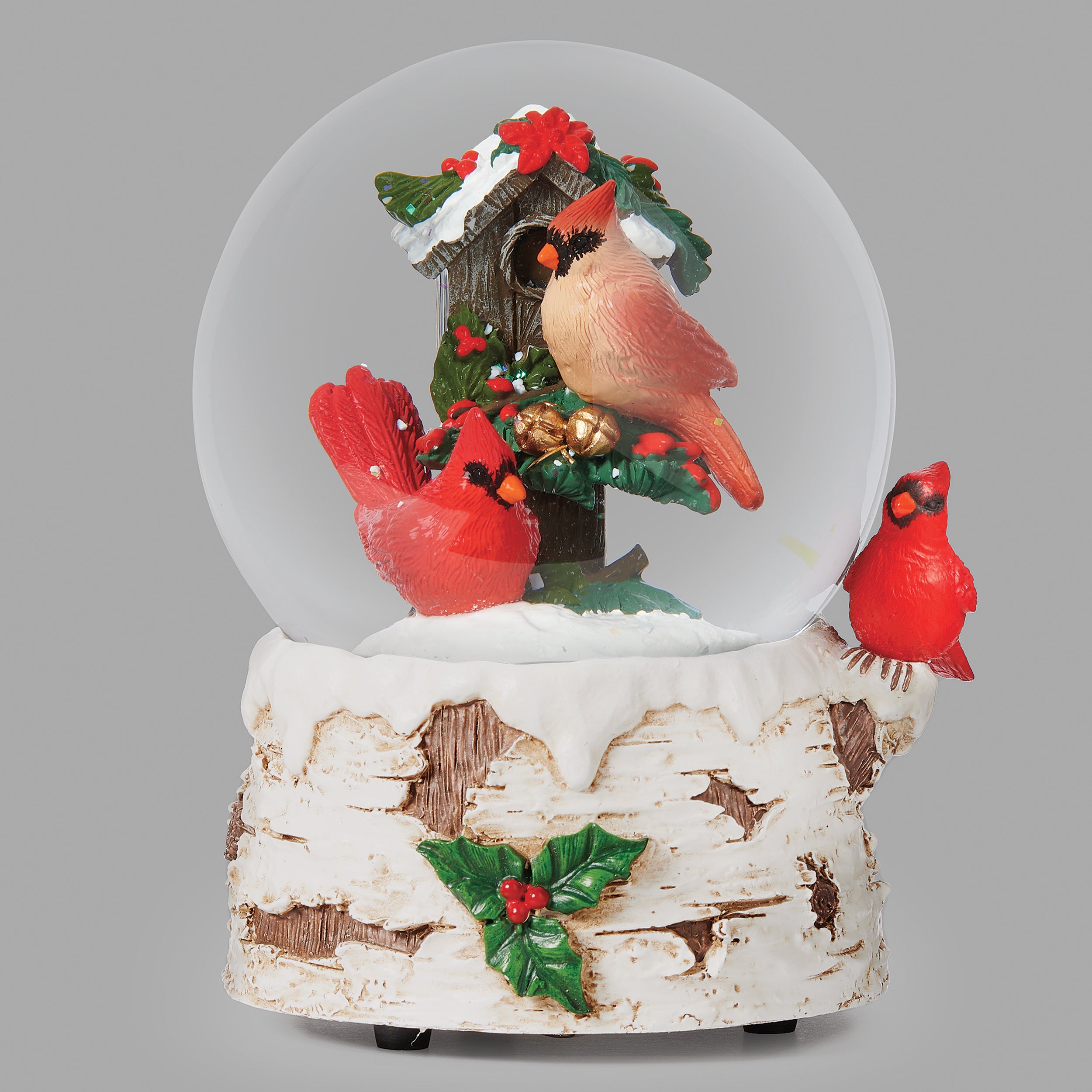 Glitterdome Musical Cardinal with Birch Base – "Let It Snow" Tune