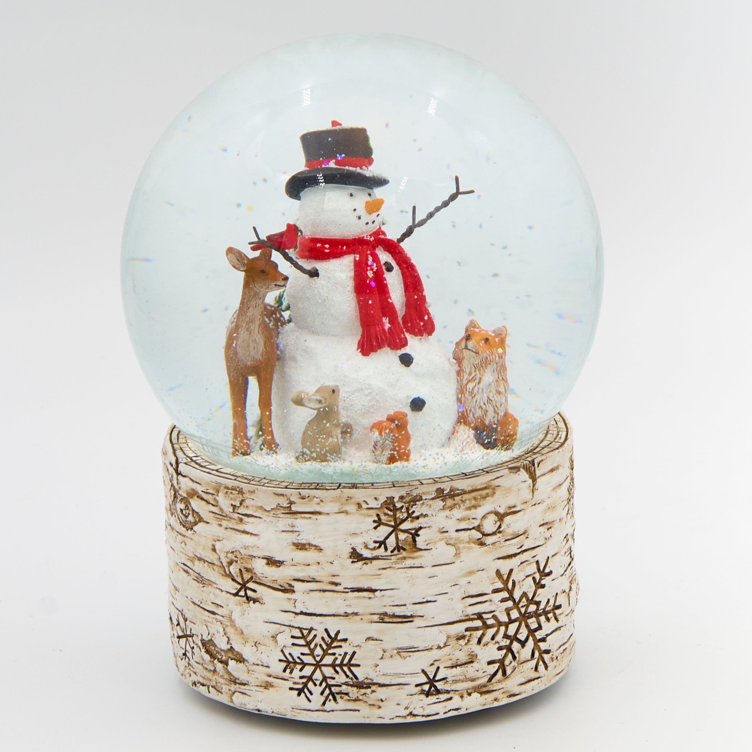 Glitterdome Musical Snowman with Birch Base & Animals- "The First Noel" Tune