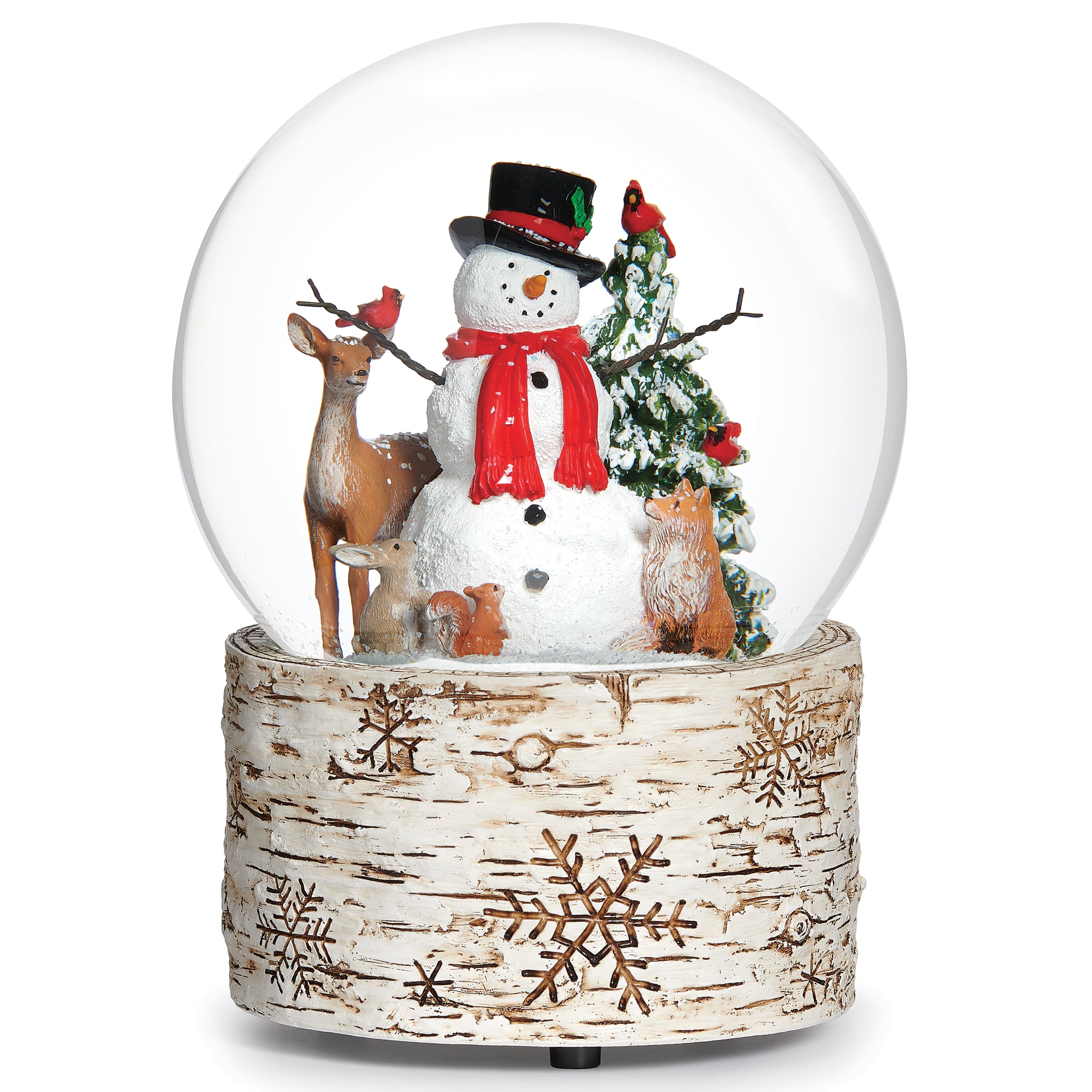 Glitterdome Musical Snowman with Birch Base & Animals- "The First Noel" Tune