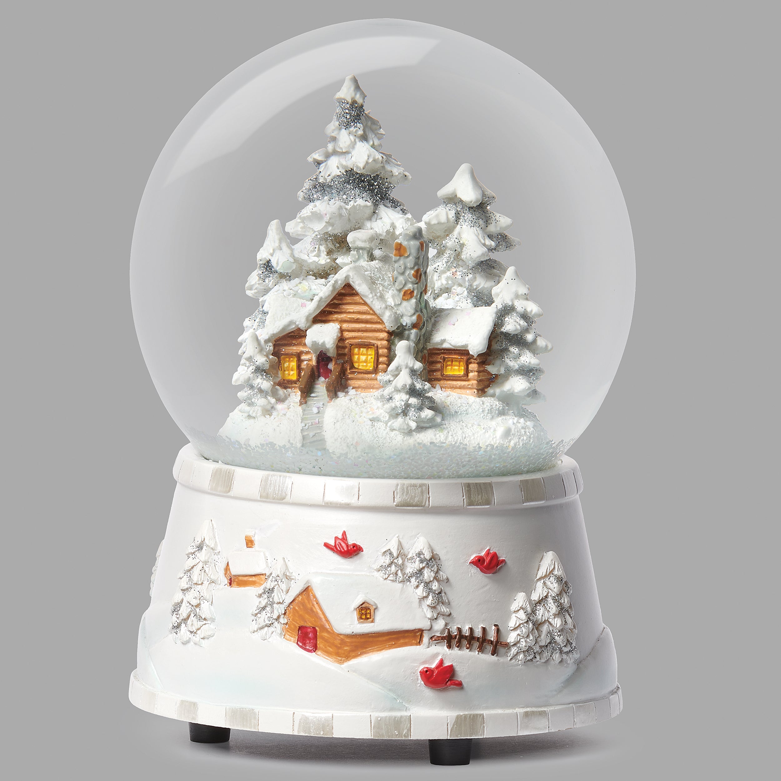 Glitterdome Musical with White Cabin & Silver Trees – "We Wish You a Merry Christmas" Tune