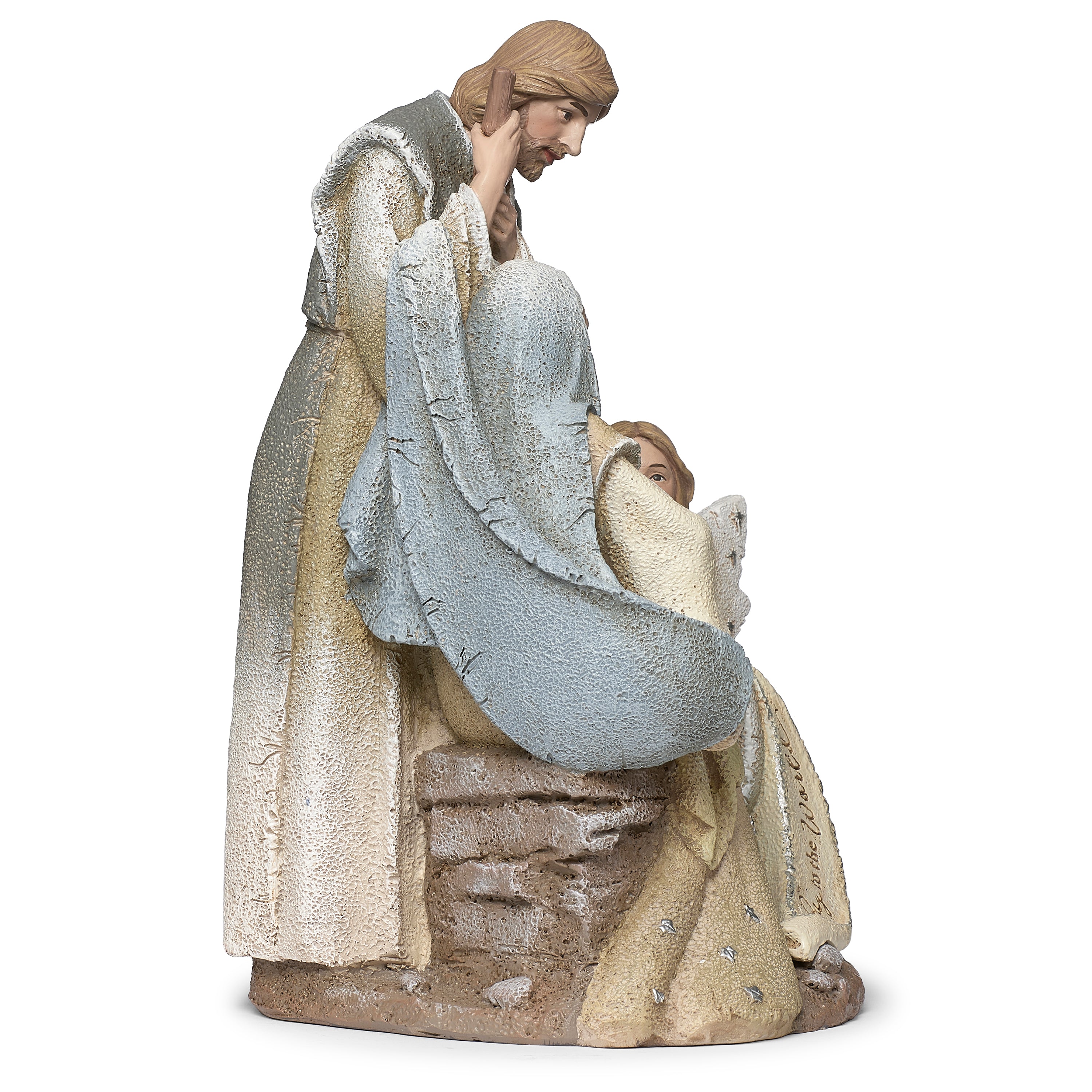 Nativity scene figurine with an angel, Mary, Joseph, and baby Jesus on a white background