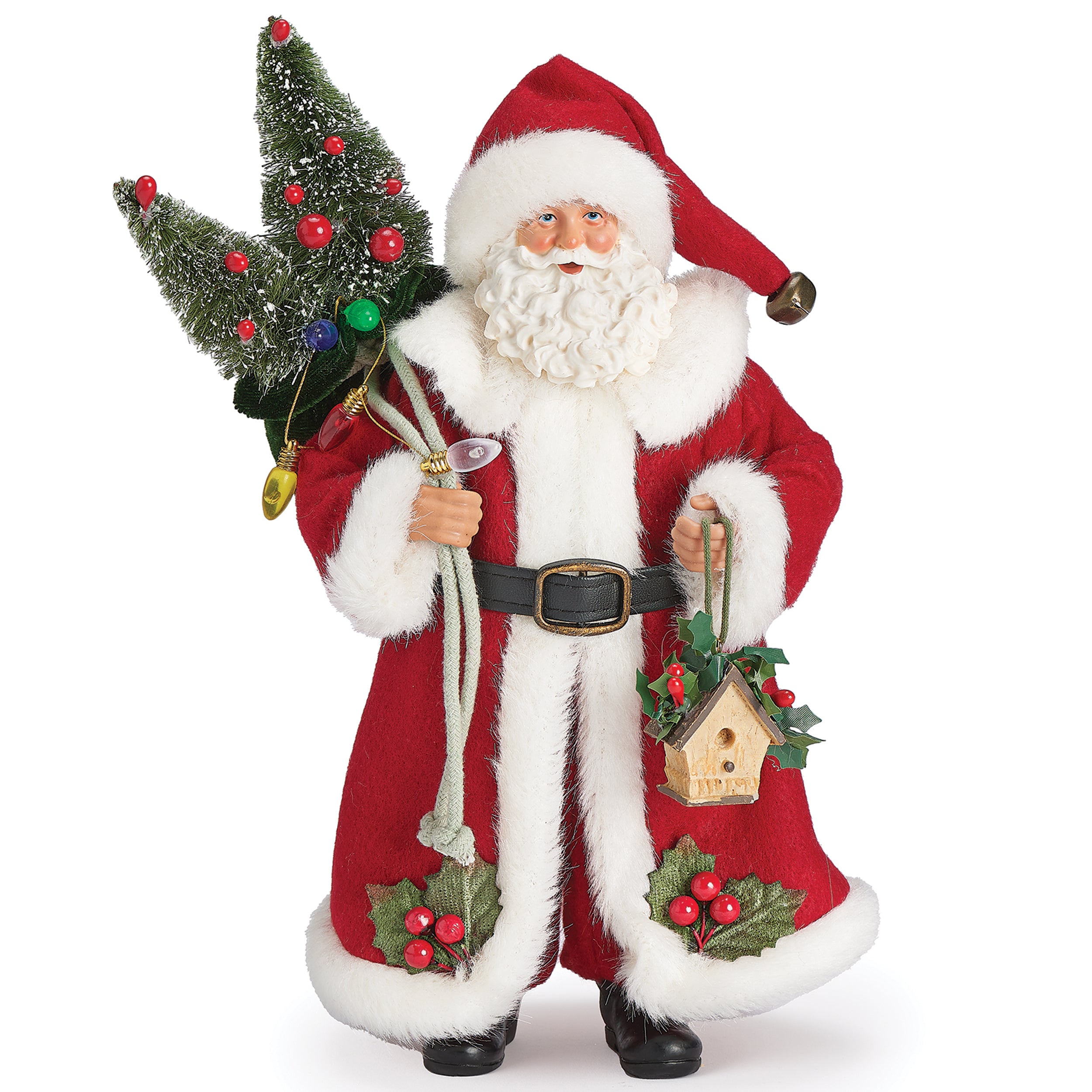 Red Coat Santa with Trees & Birdhouse