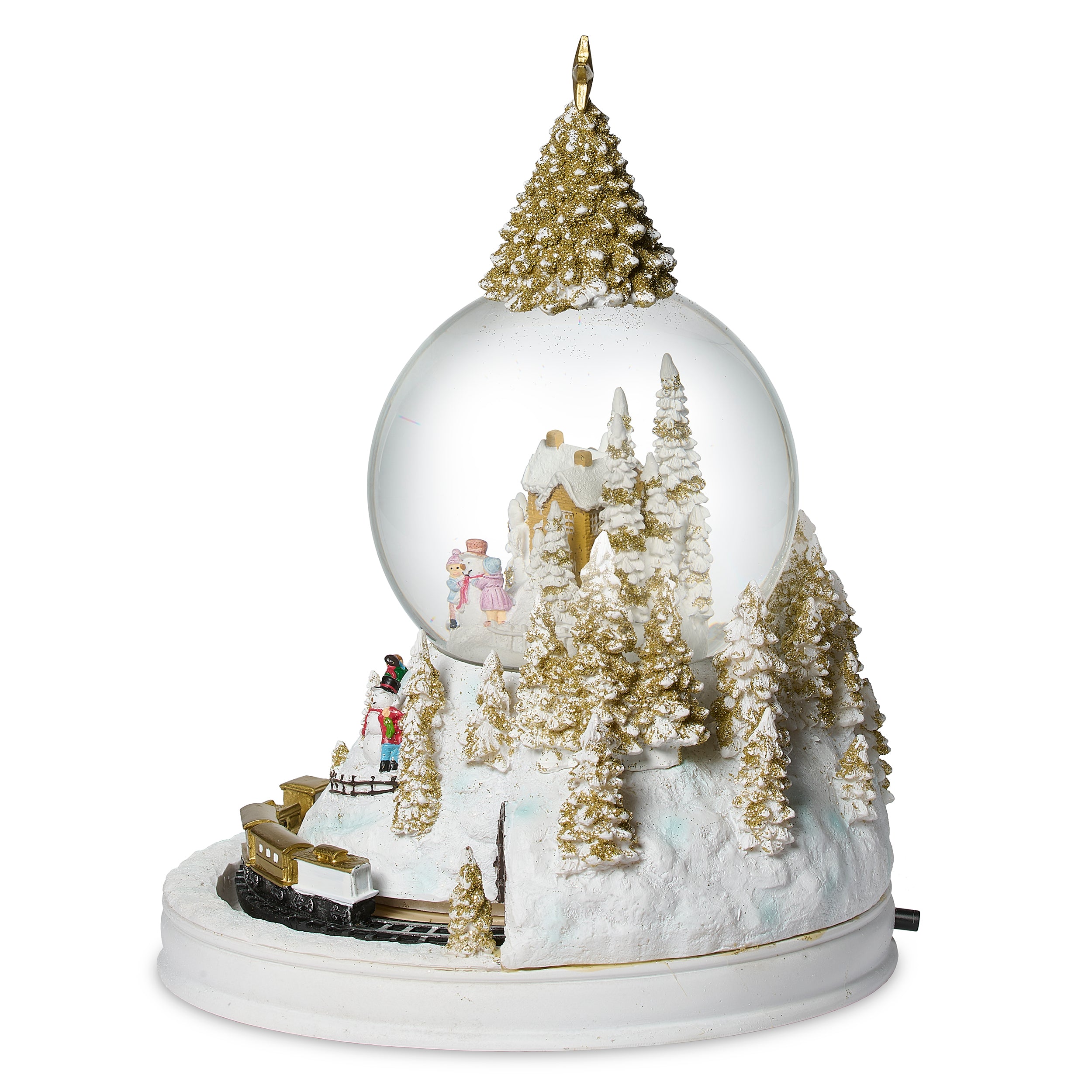 Decorative snow globe with a Christmas scene featuring trees, a house, and animated figures.