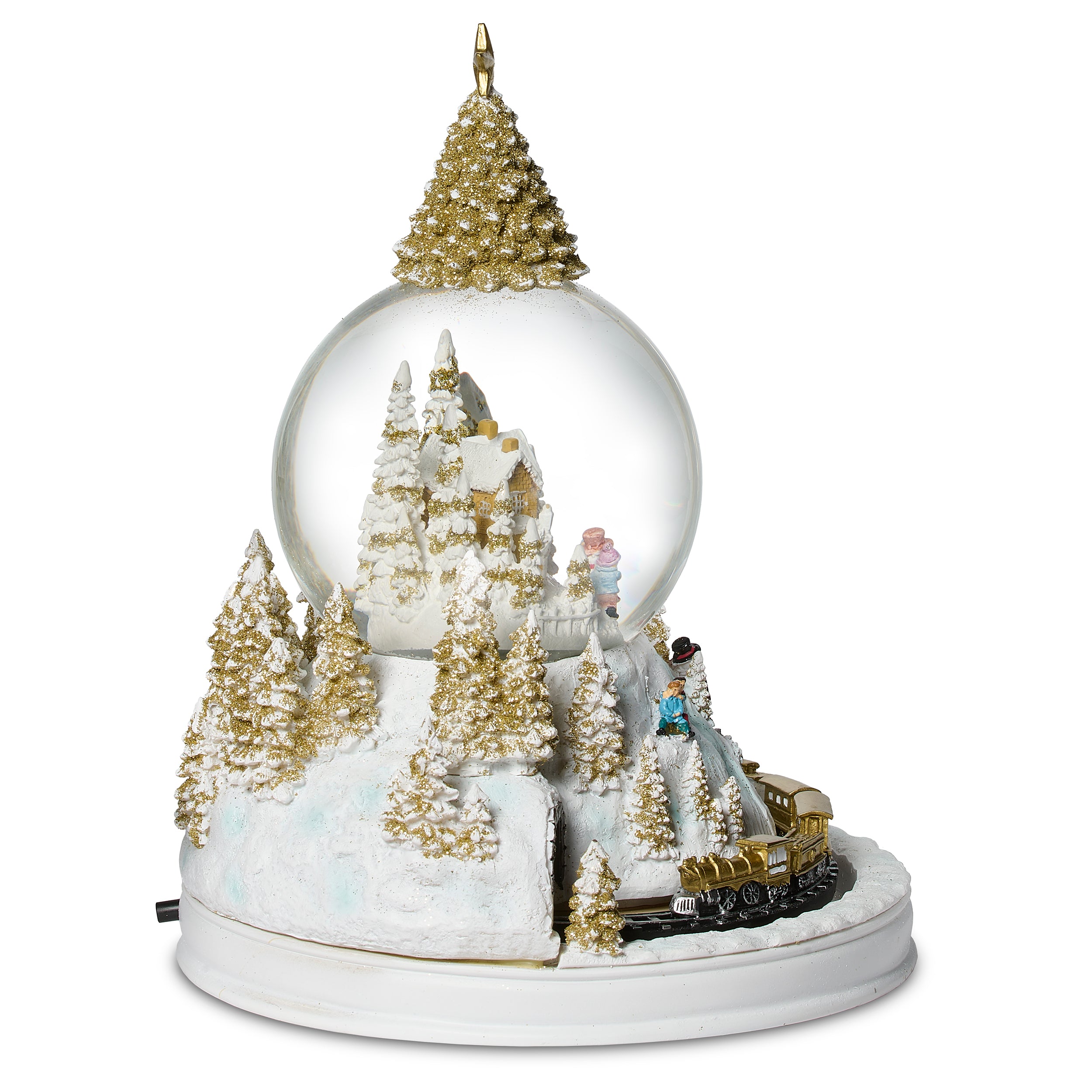 Decorative snow globe with a Christmas scene featuring trees, a house, and animated figures.