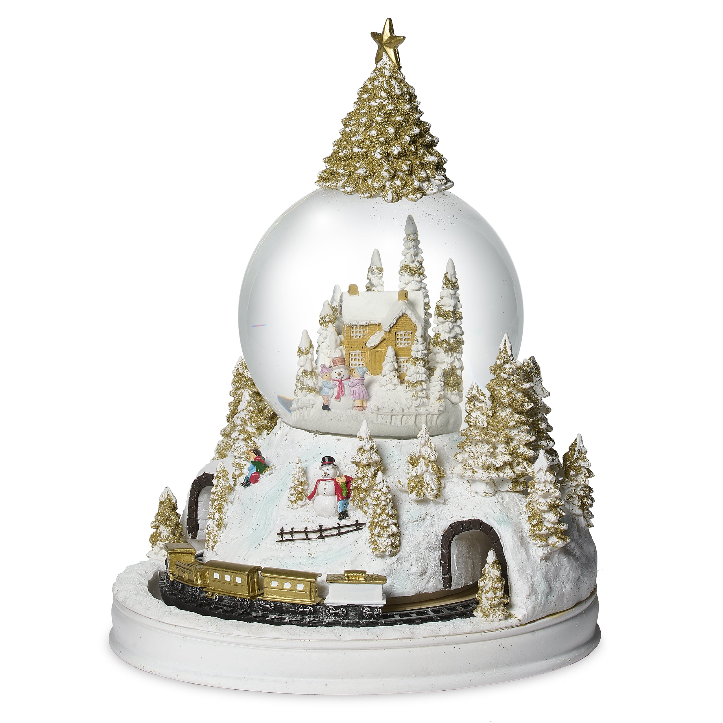 Decorative snow globe with a Christmas scene featuring trees, a house, and animated figures.