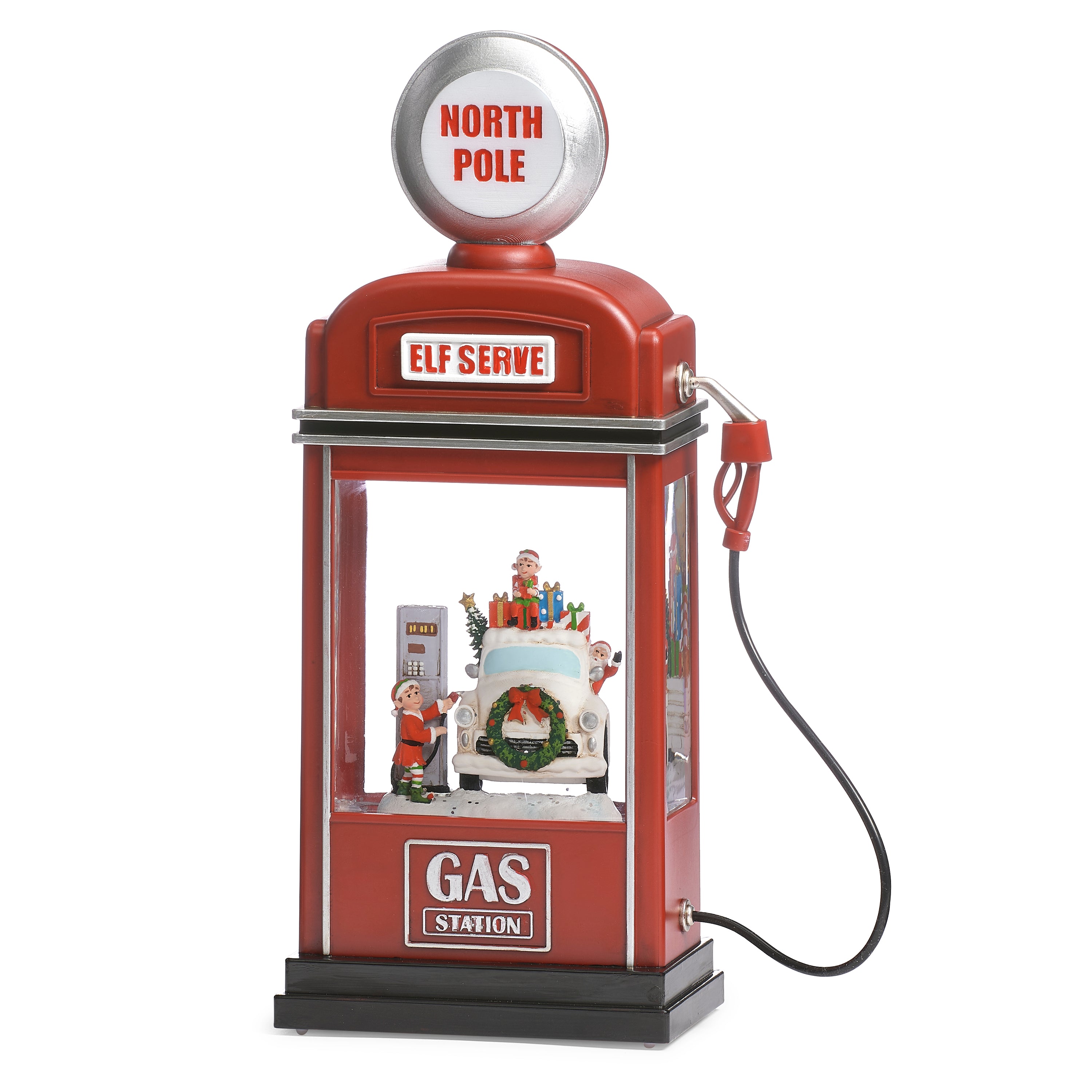 Decorative gas pump with 'North Pole' and 'Elf Serve' text on a white background