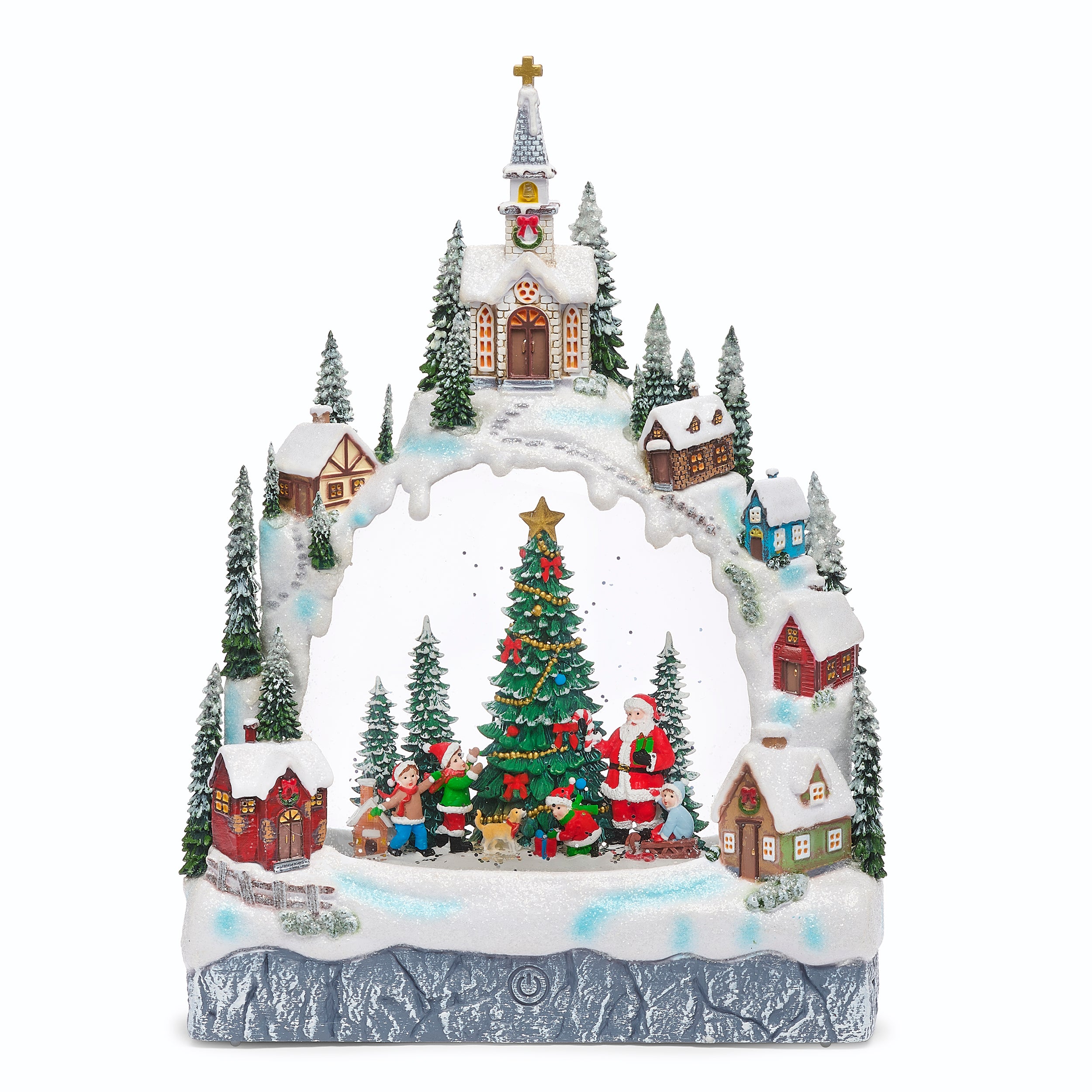 Christmas village scene with a church, trees, and Santa Claus on a white background