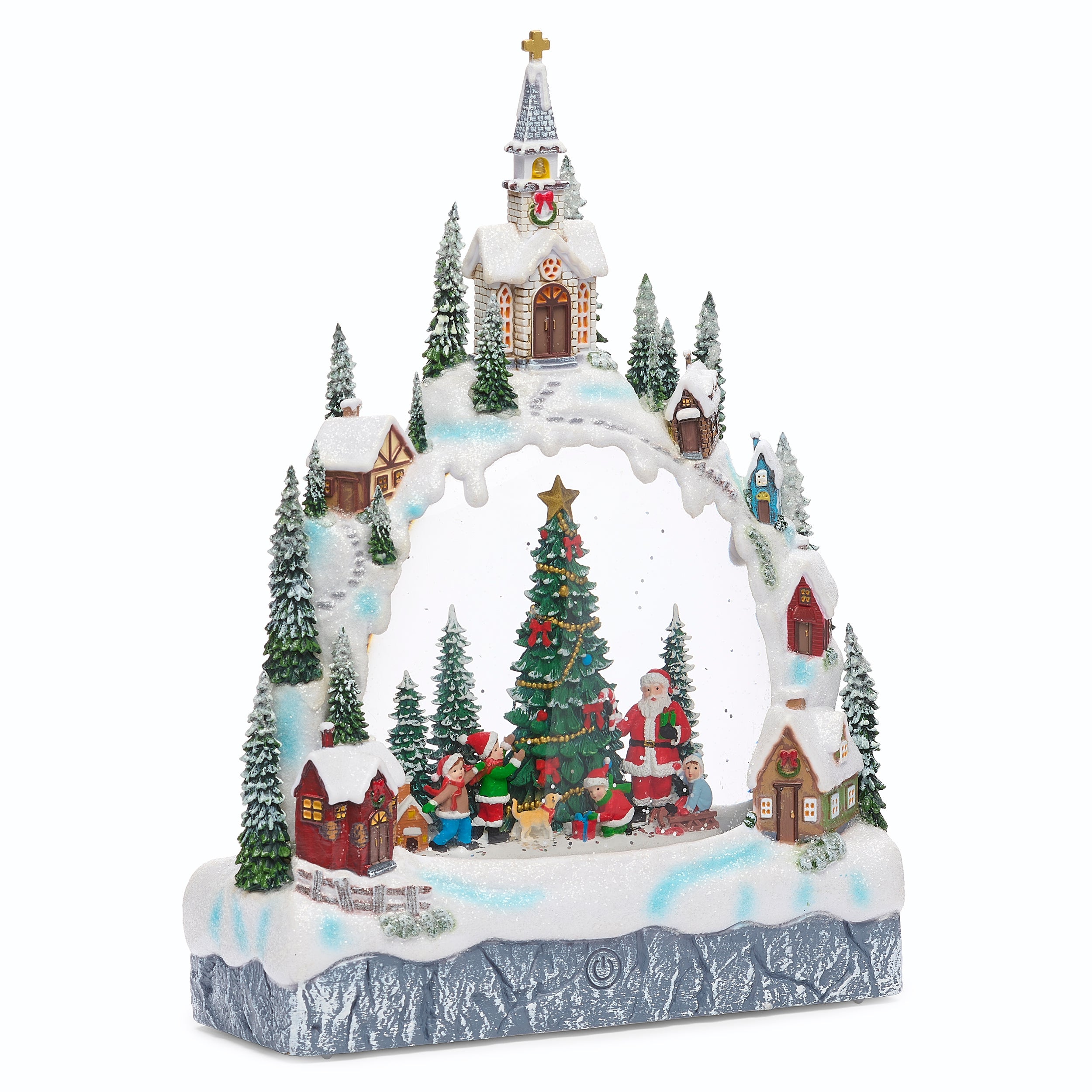 Christmas village scene with a church, trees, and Santa Claus on a white background