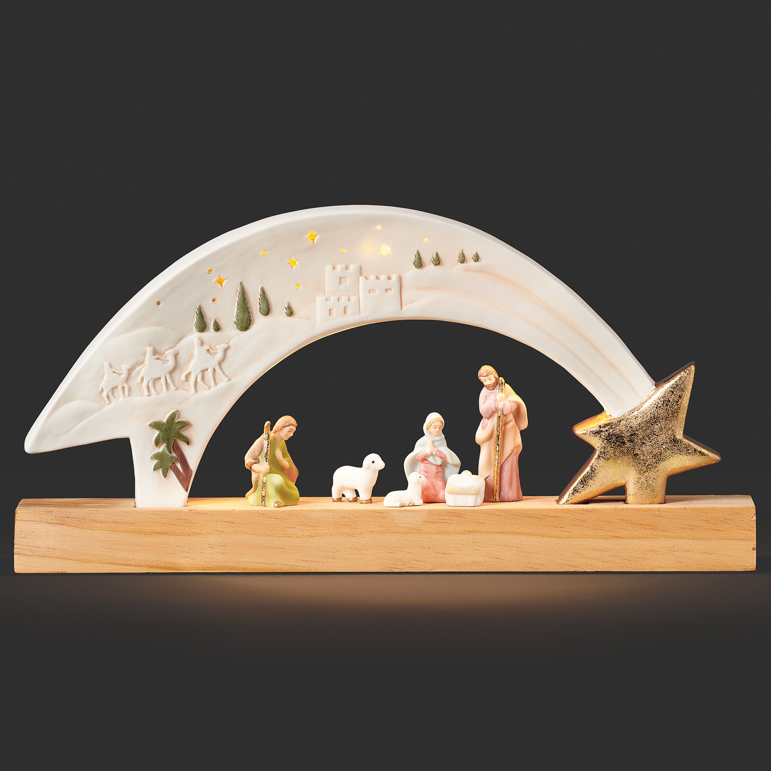 Lighted Shooting Star Arch Nativity Scene on Wood Base
