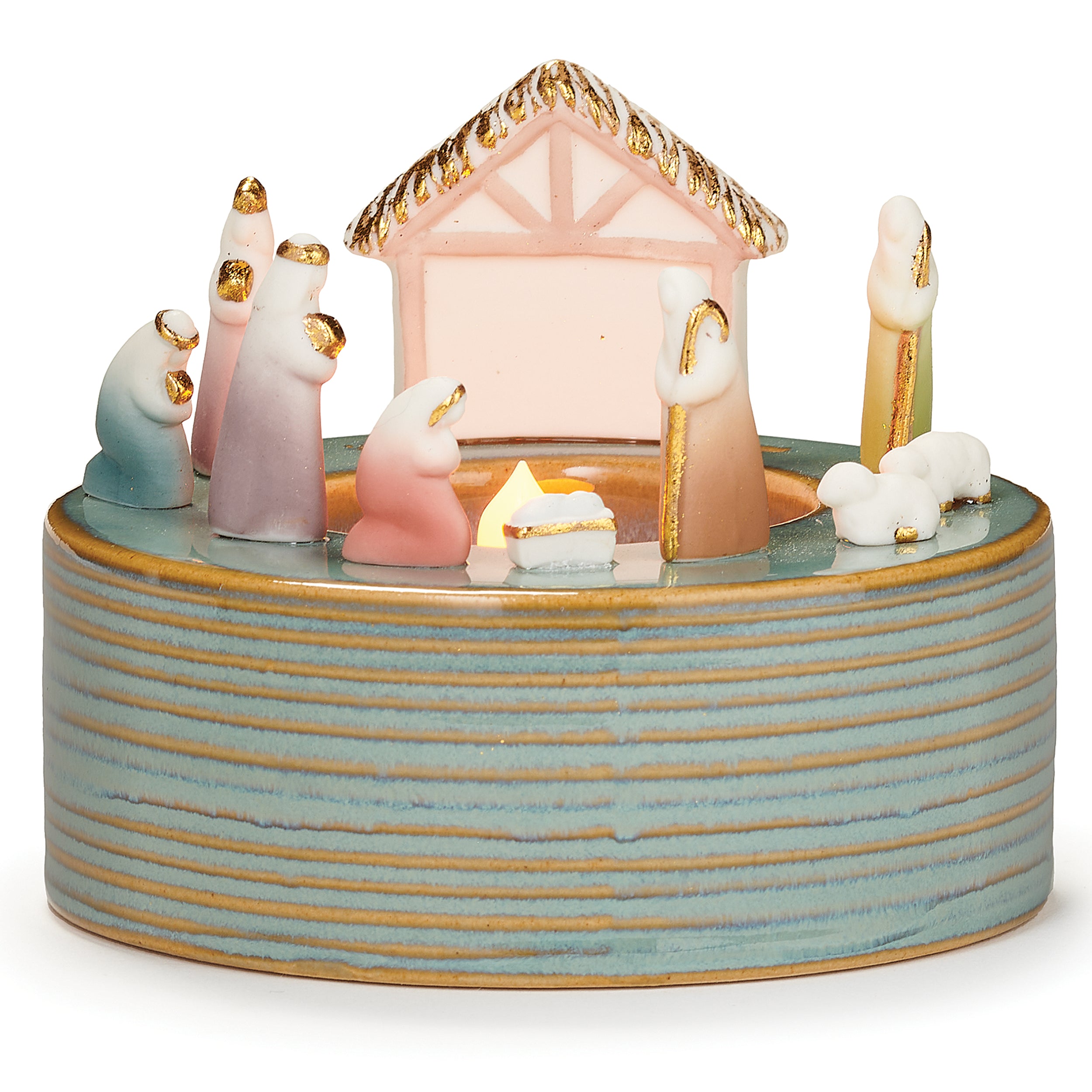 Stoneware Tealight Holder with Nativity Rim Detail