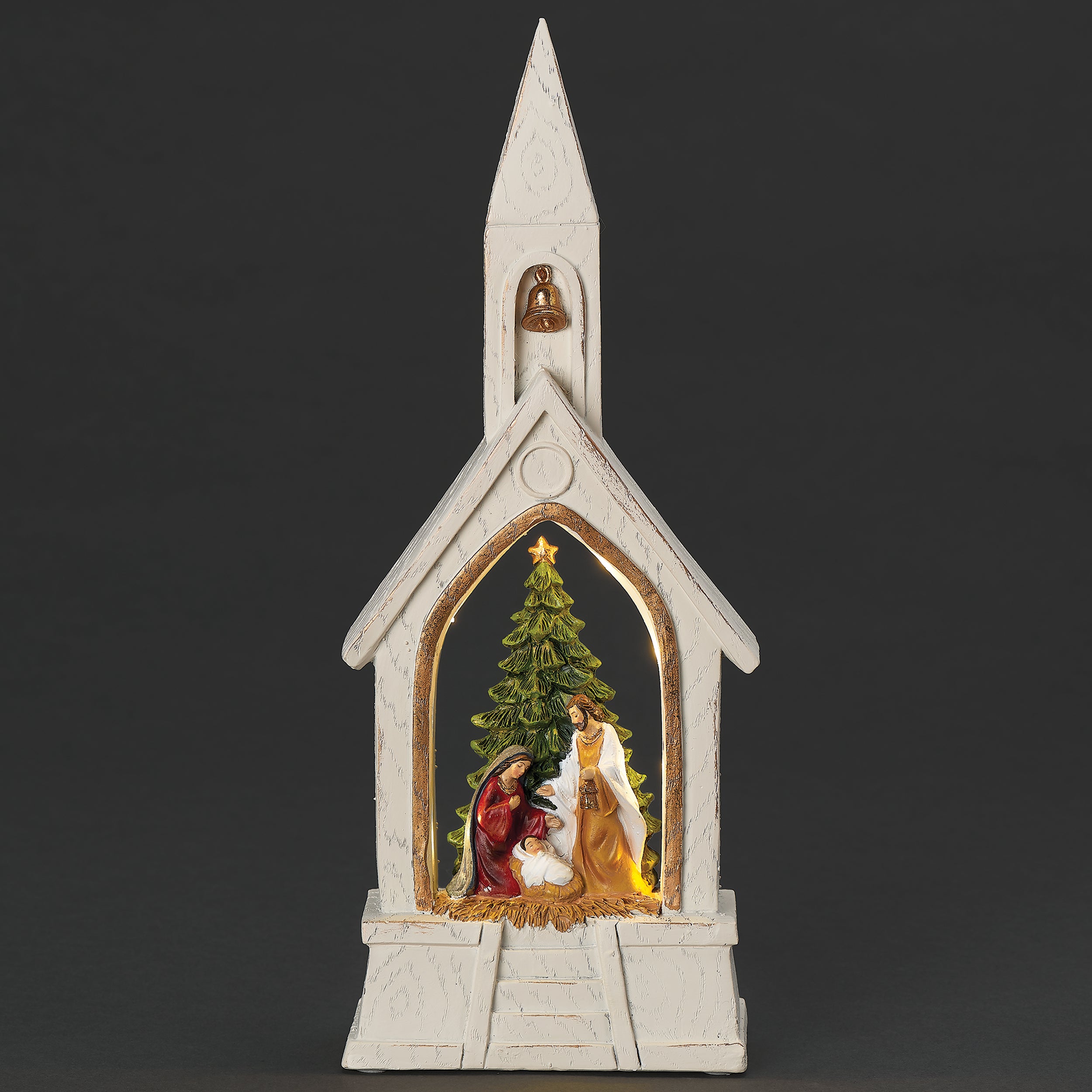 Lighted Church with Holy Family Scene