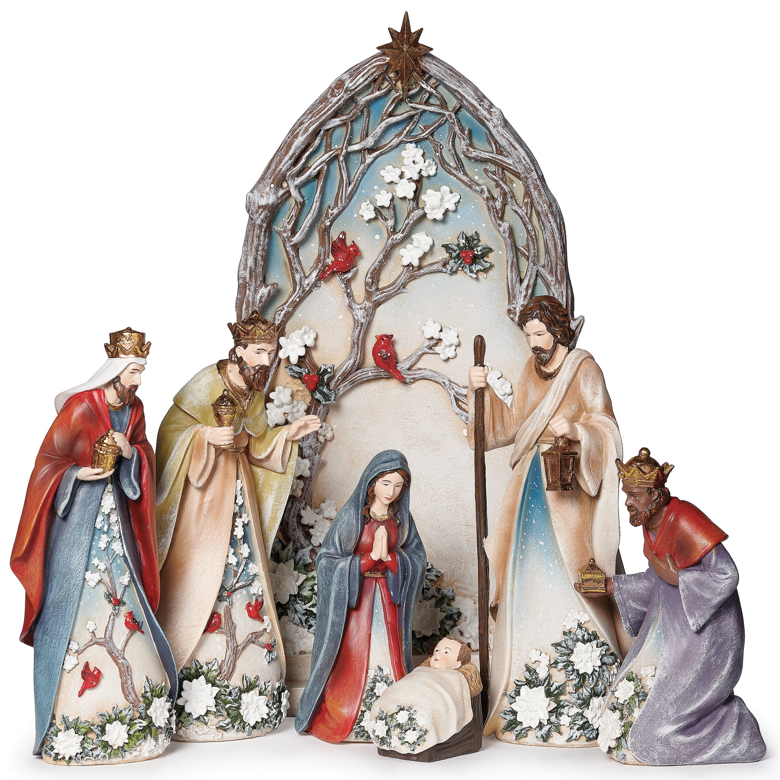 Holly & White Poinsettia Blossom Nativity Set