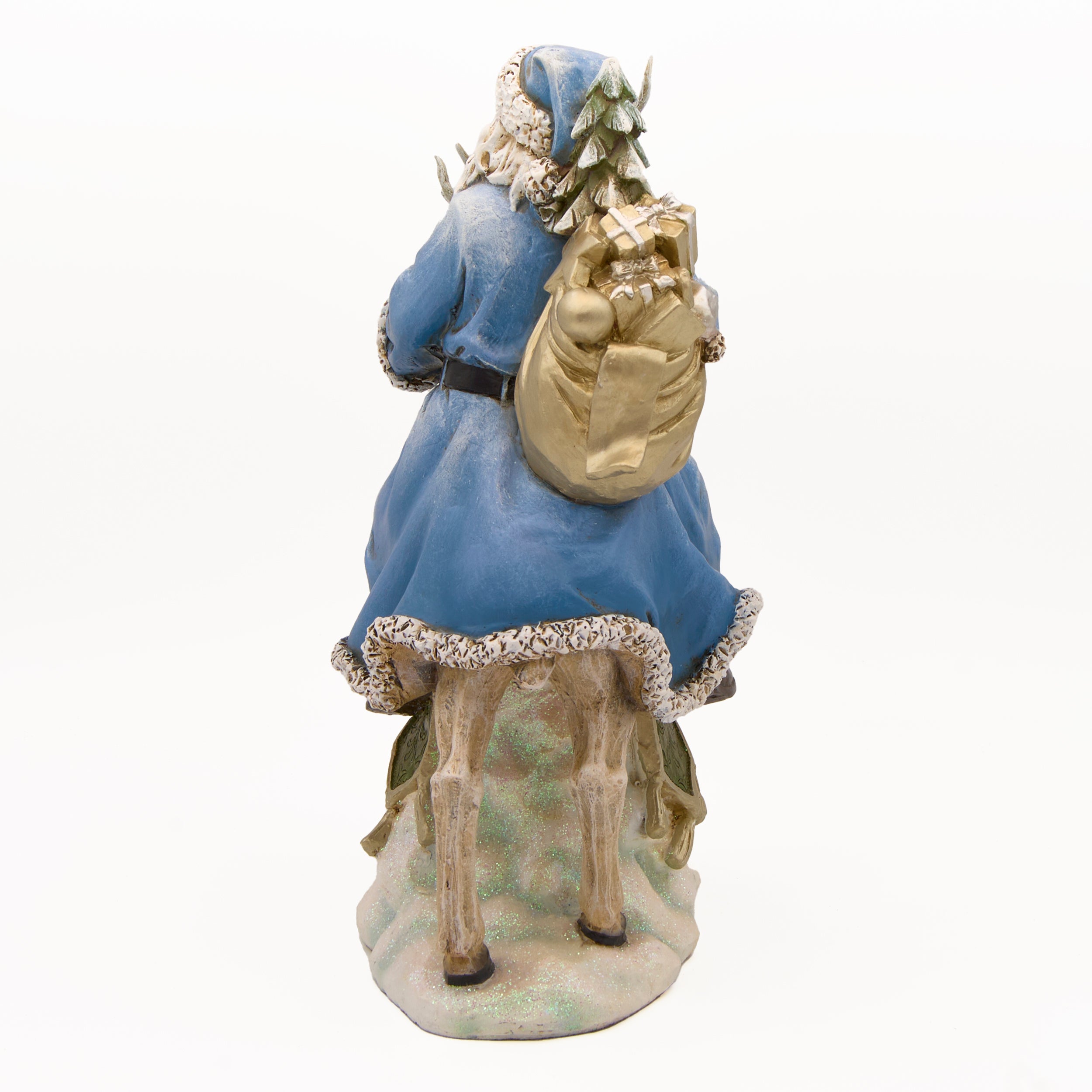 Santa Riding Reindeer with Blue Suit & Champagne Gold Bag