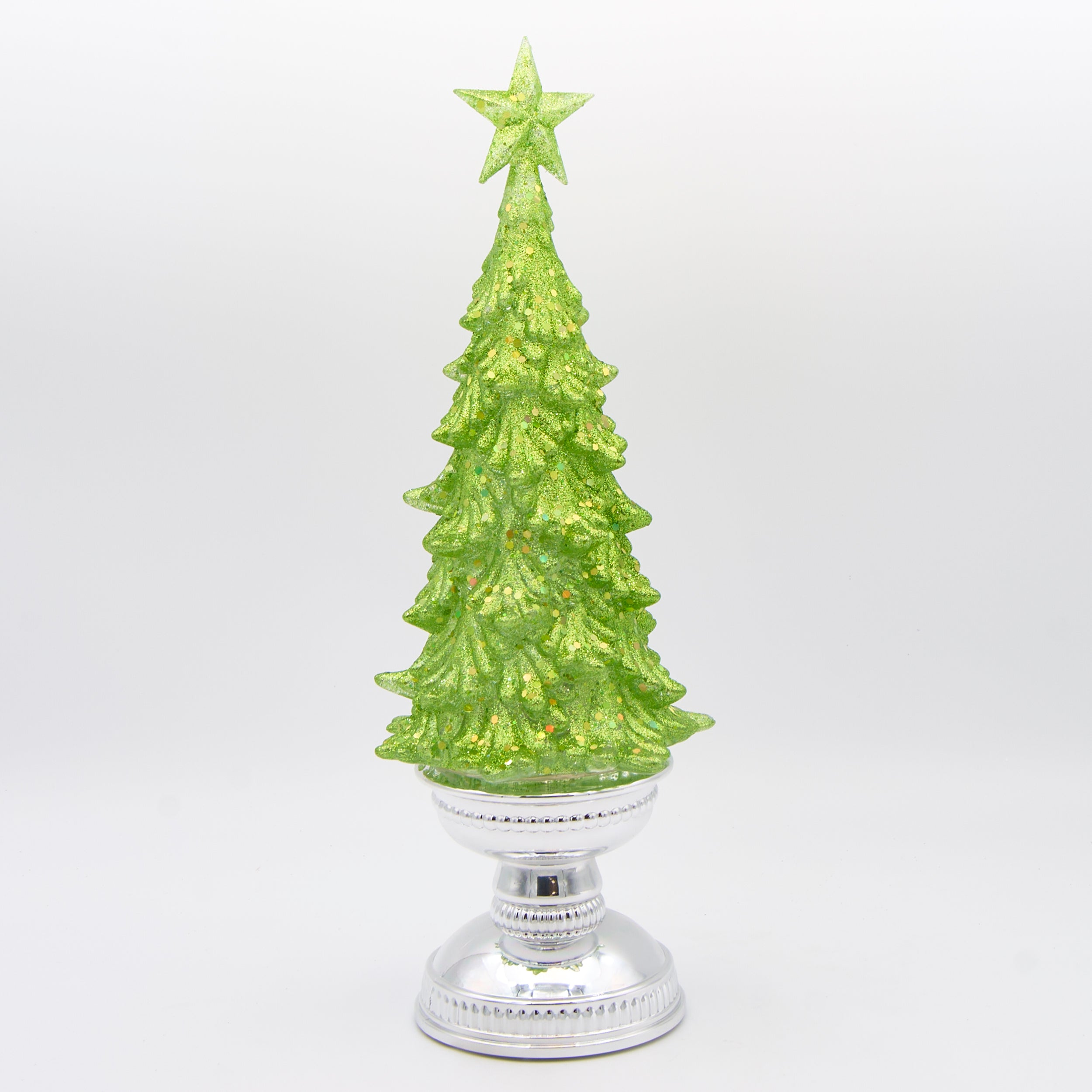 Lighted Green Glitter Tree with Silver Base