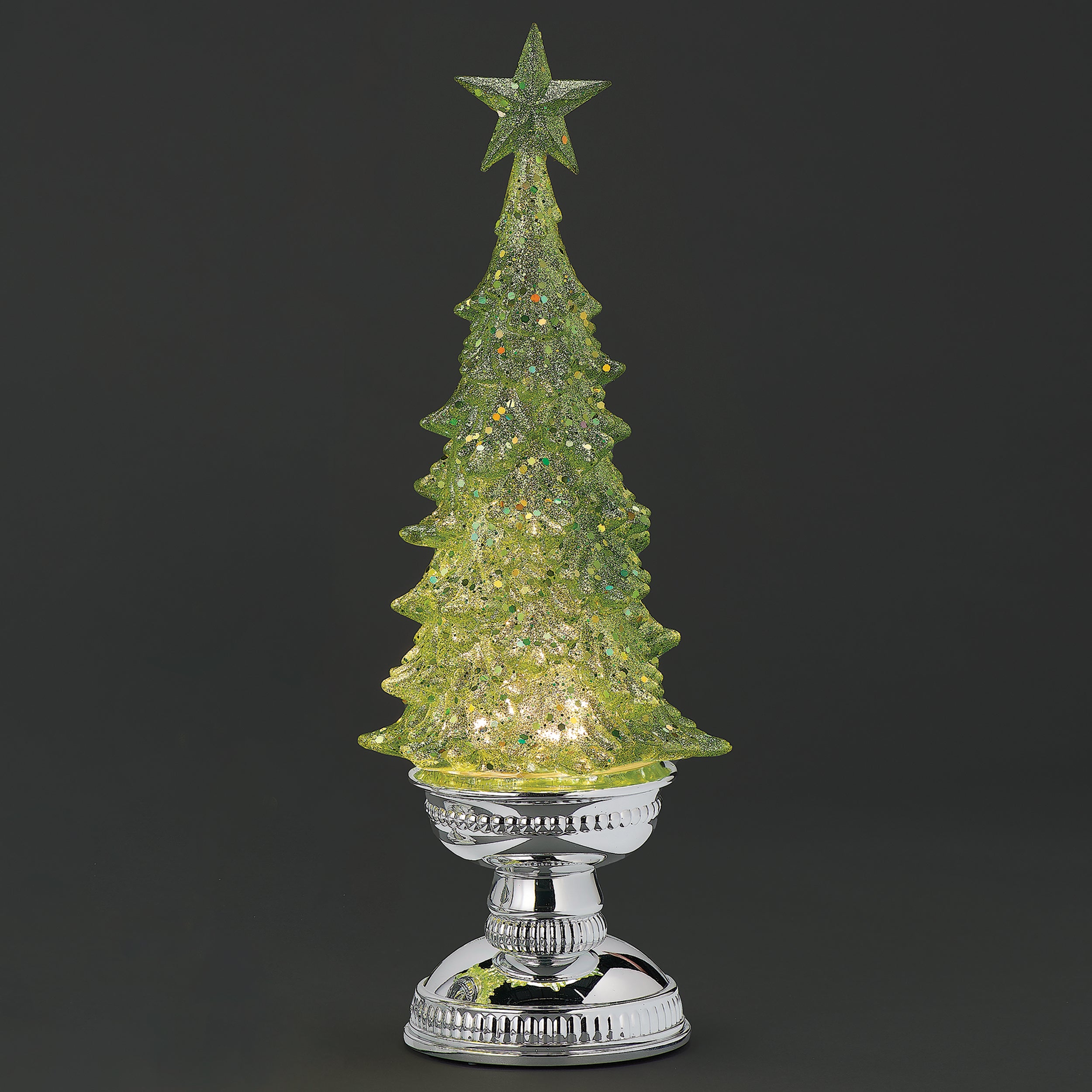 Lighted Green Glitter Tree with Silver Base