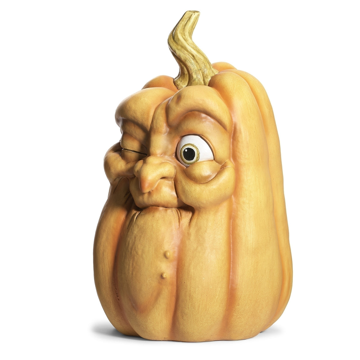 Angled view of old man pumpkin showing its open eye, rounded nose, and smiling expression.