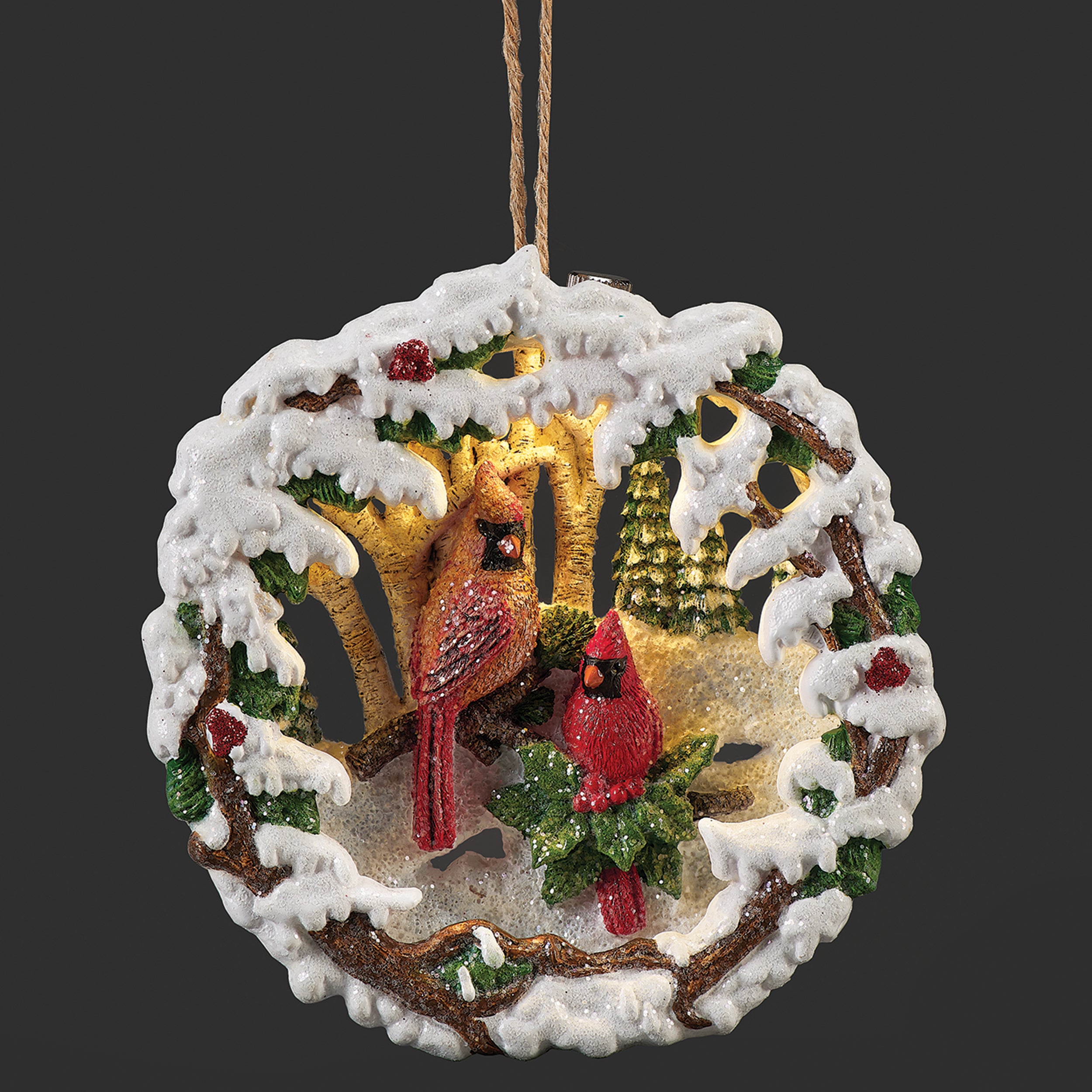 Lighted Cardinals in a Wreath Ornament