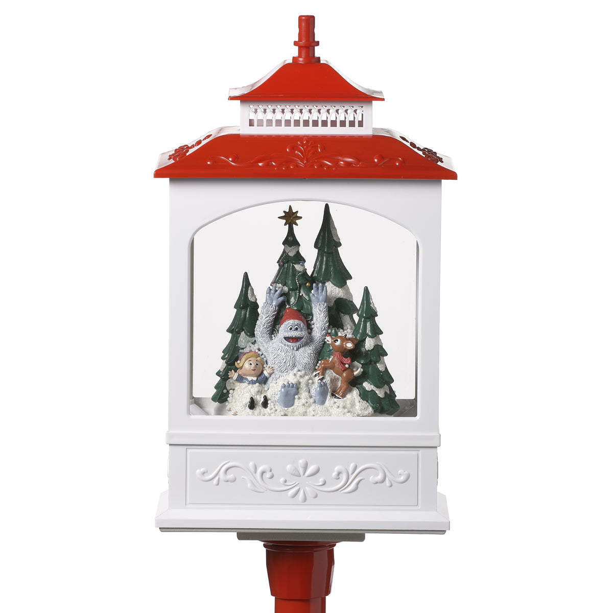 Rudolph musical snow blowing lamppost Christmas scene front view