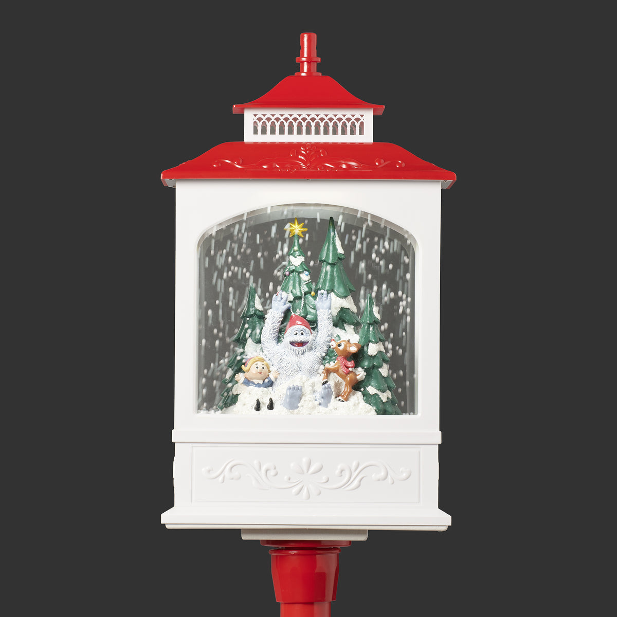 Rudolph the Red-Nosed Reindeer lighted musical lamppost with swirling snow