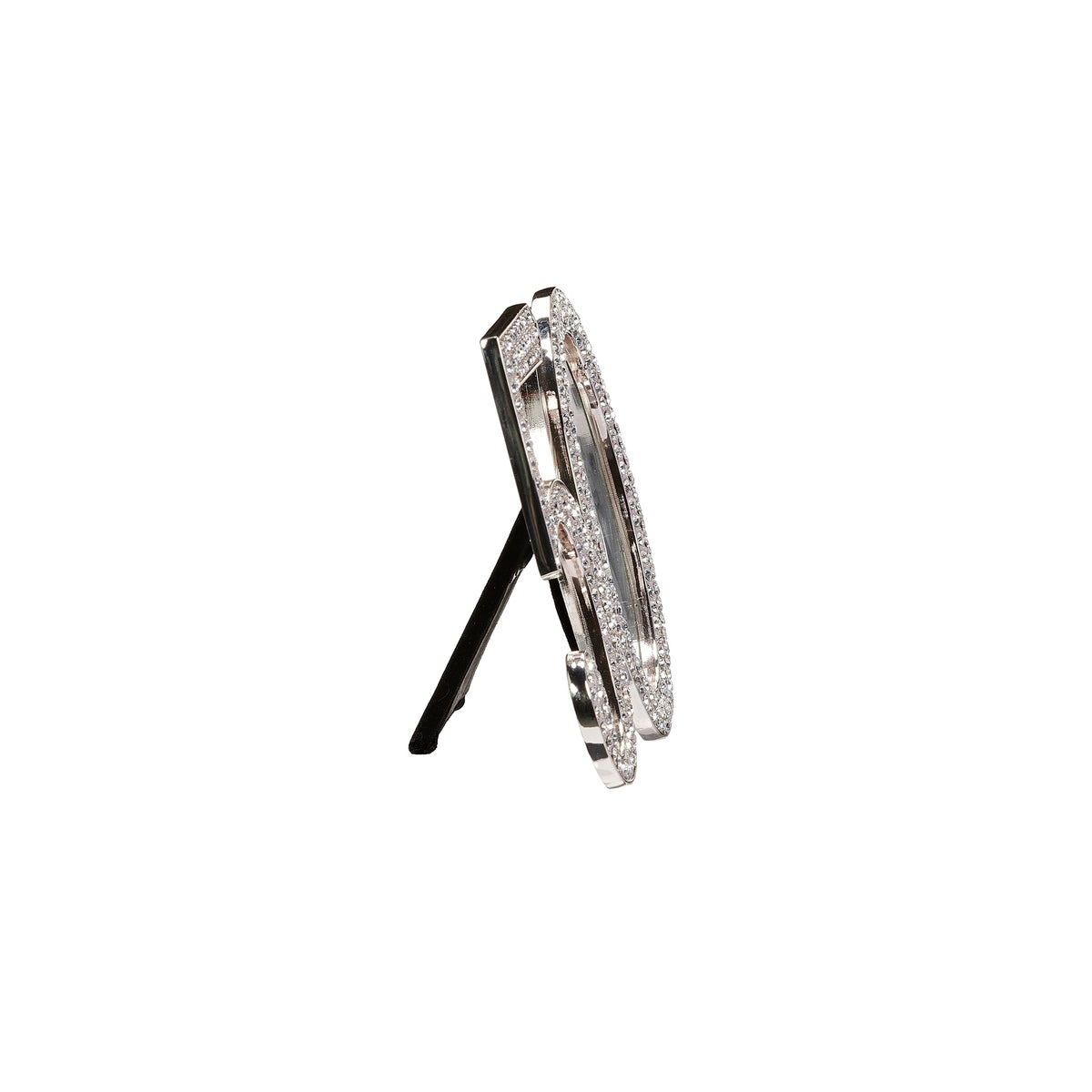 Side view of rhinestone anniversary frame showing its slim metal profile and extended easel support.