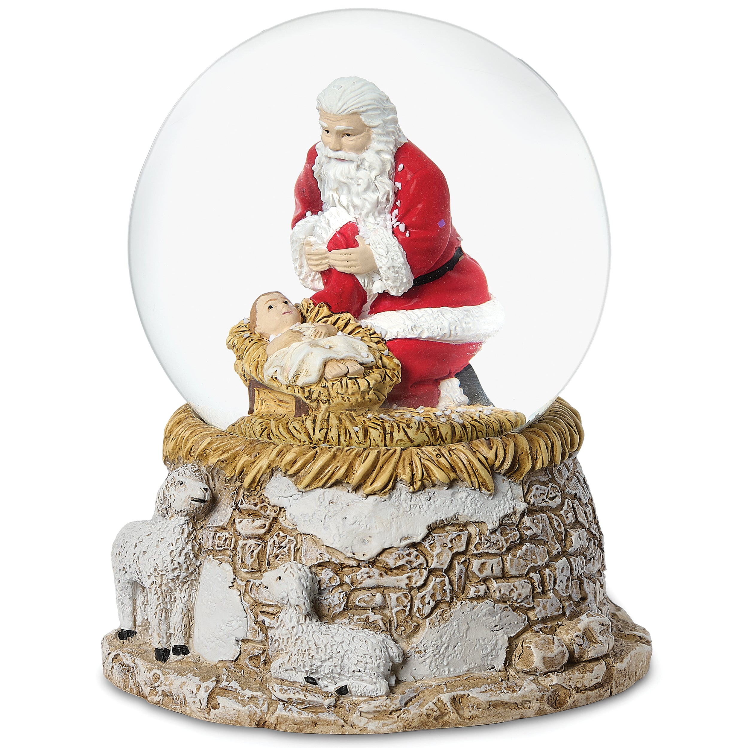 Glitterdome Kneeling Santa with Jesus on Base