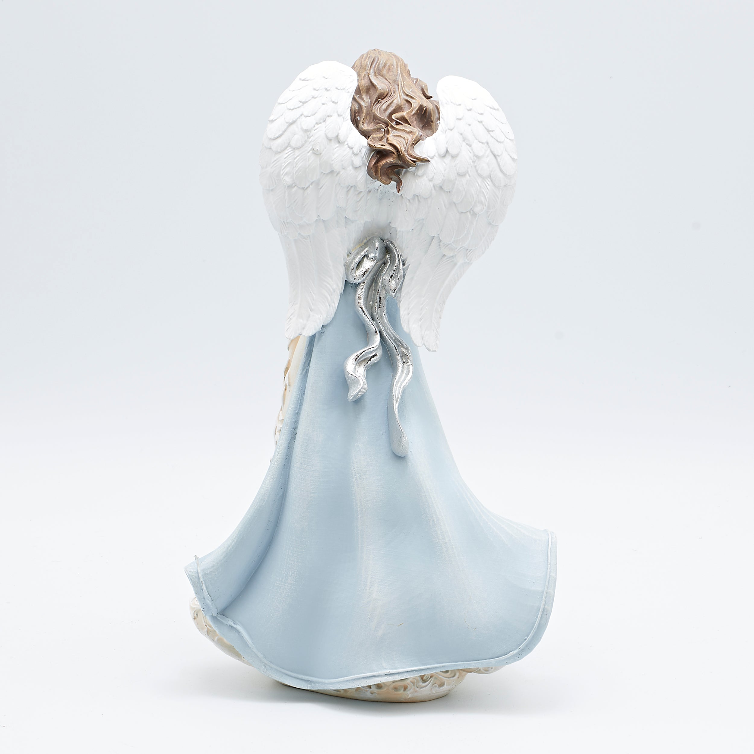 Angel with Leaf Pattern Blue Dress Holding Cardinal Figure