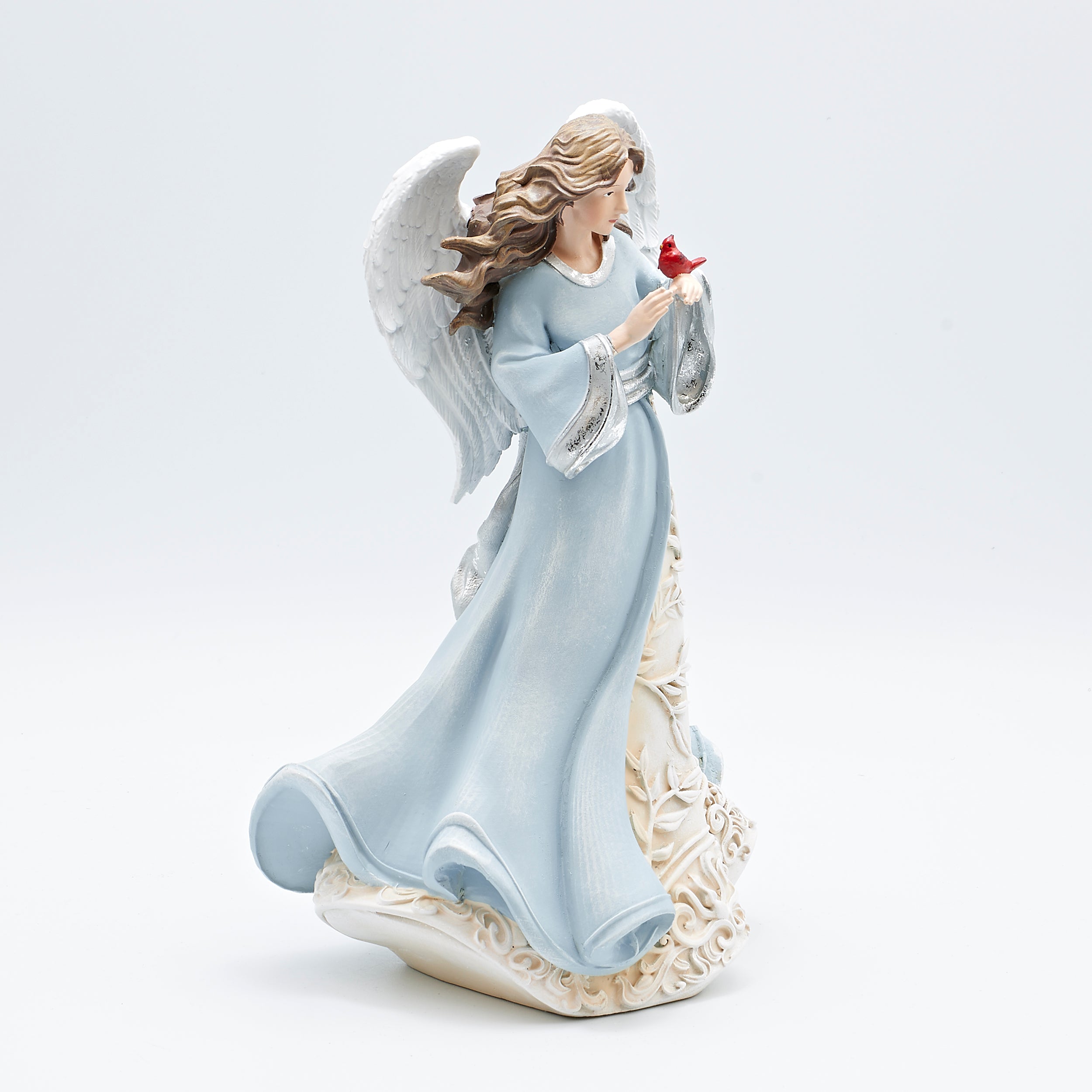 Angel with Leaf Pattern Blue Dress Holding Cardinal Figure