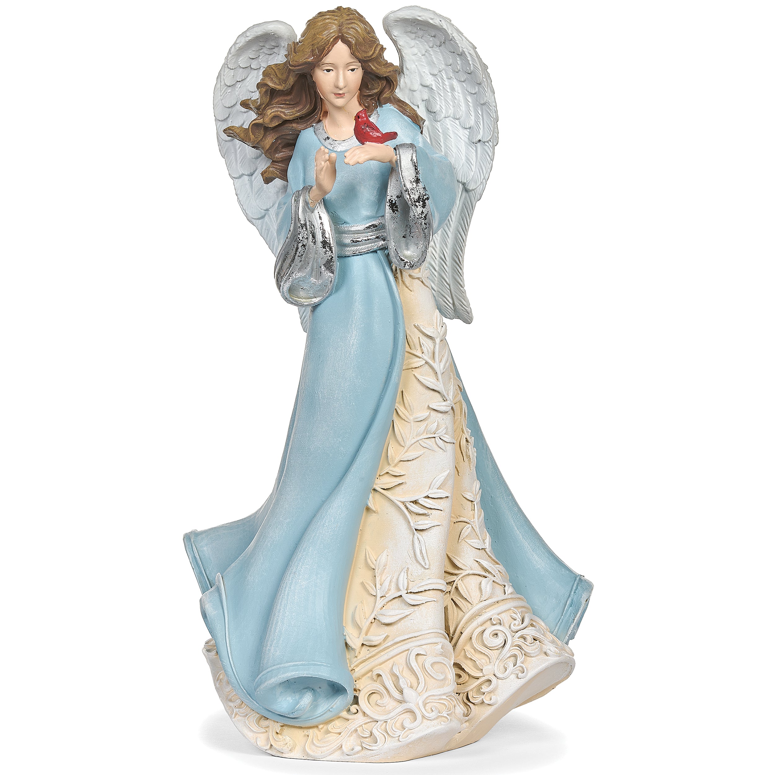 Angel with Leaf Pattern Blue Dress Holding Cardinal Figure