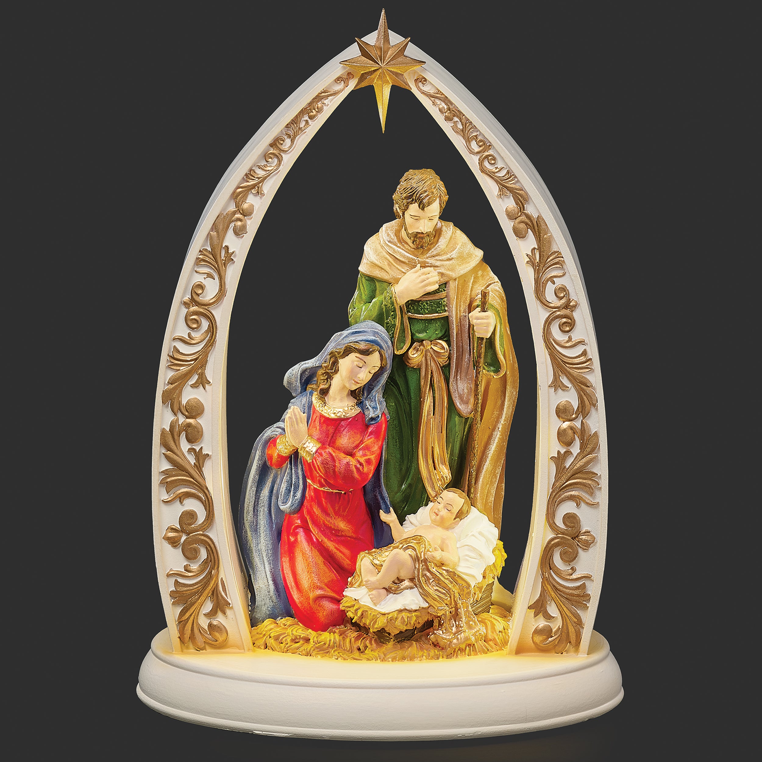 Lighted Holy Family Nativity Under Star Arch in Colorful Resin