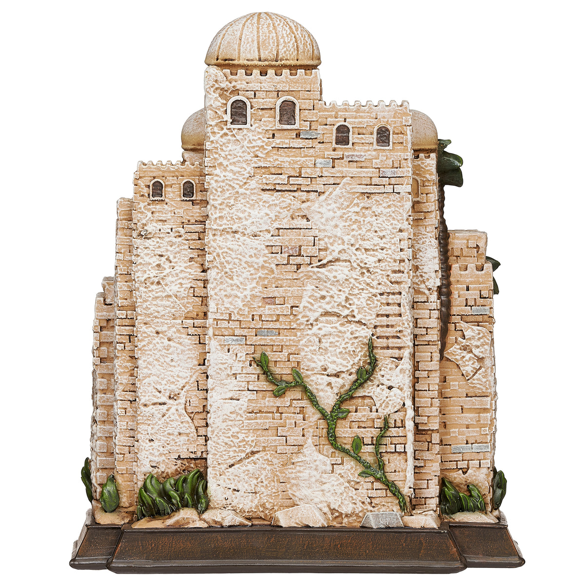 Back view: Back view of Lighted Nativity in Town Scene showing the textured stone-look village walls and architectural details