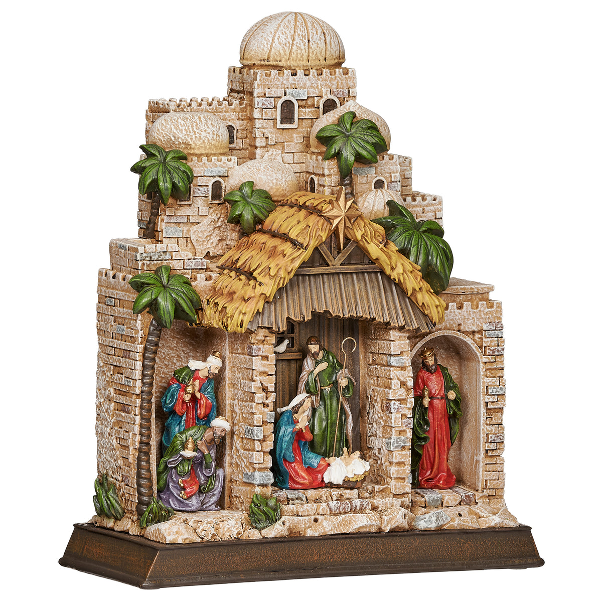 Front view: Front view of Lighted Nativity in Town Scene highlighting Mary, Joseph, and Baby Jesus beneath the stable with the village rising behind them