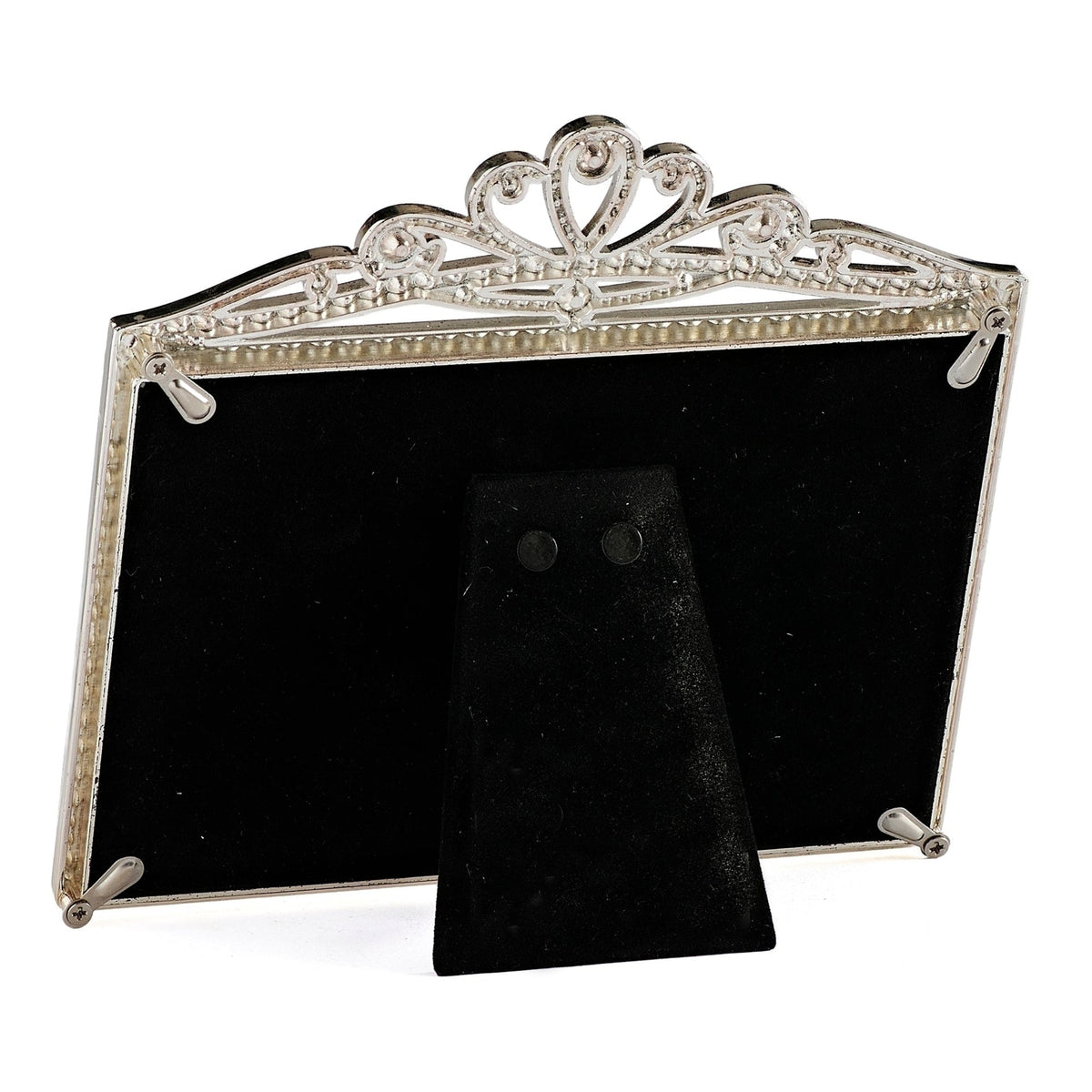 Back view of Caroline Collection Princess Jeweled Crown Picture Frame showing the black backing, fold-out easel stand, and tiara-shaped top