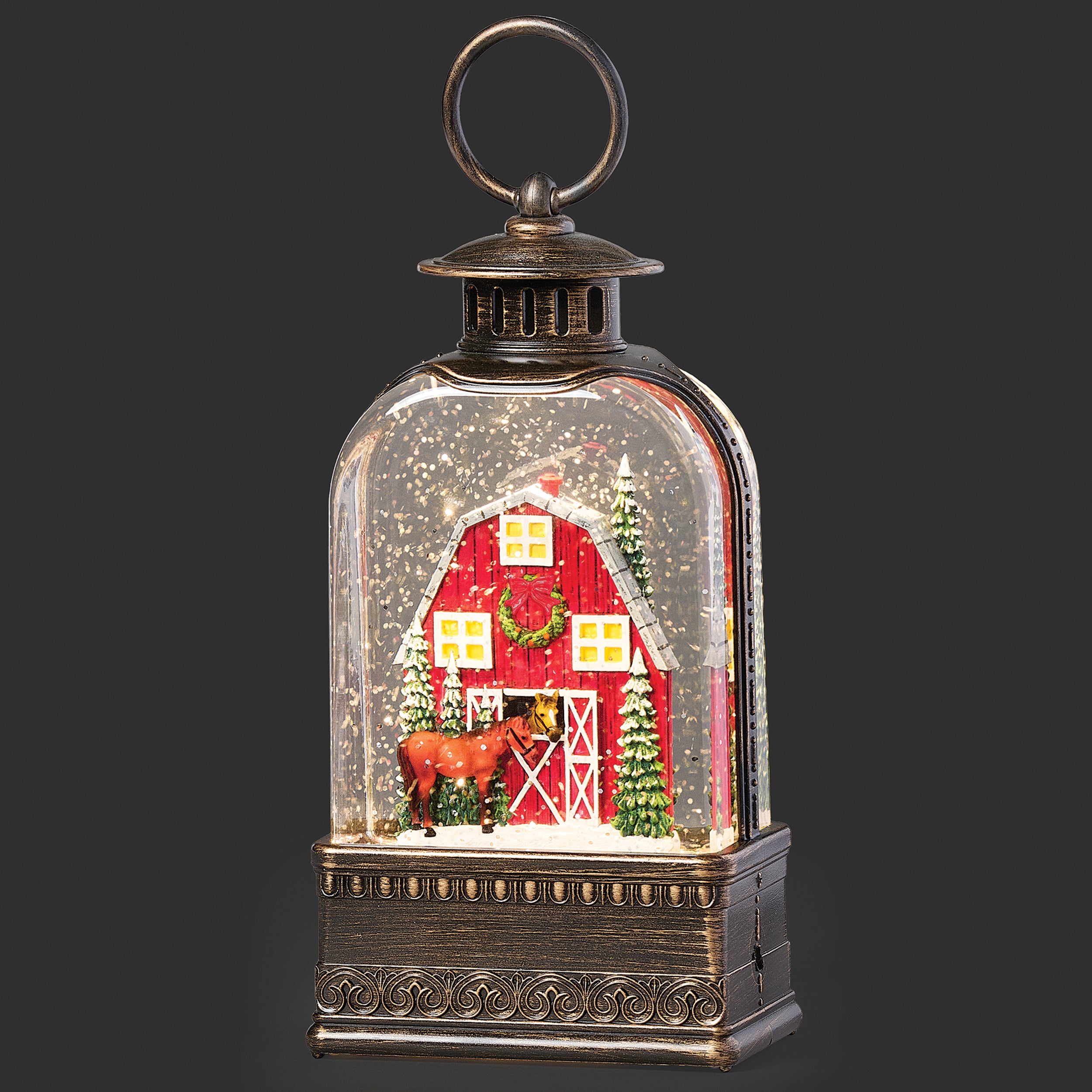 Lighted Swirl Bronze Lantern with Horse and Barn Scene - Confetti Lites
