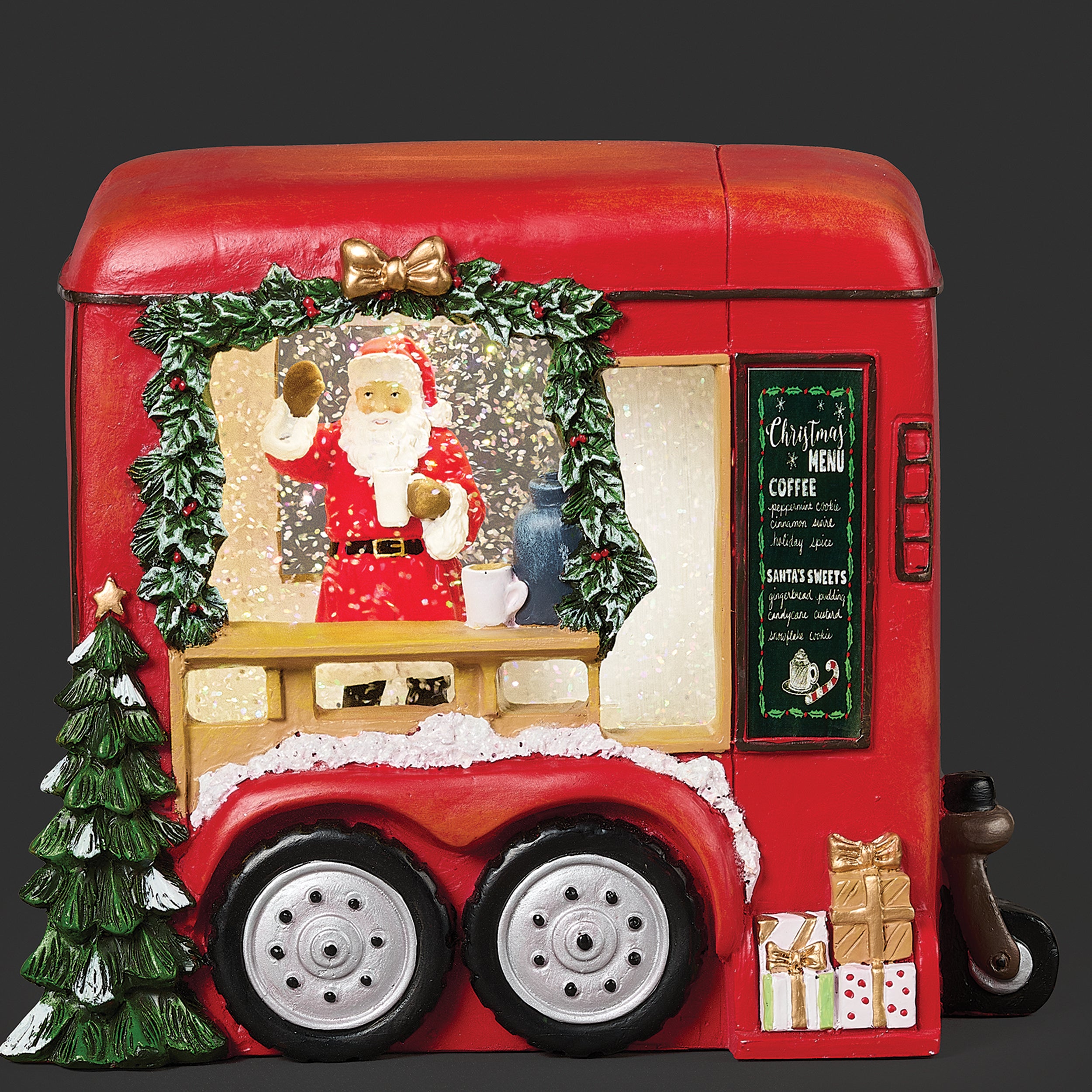 Lighted Swirl Trailer with Santa Selling Cocoa - Confetti Lites